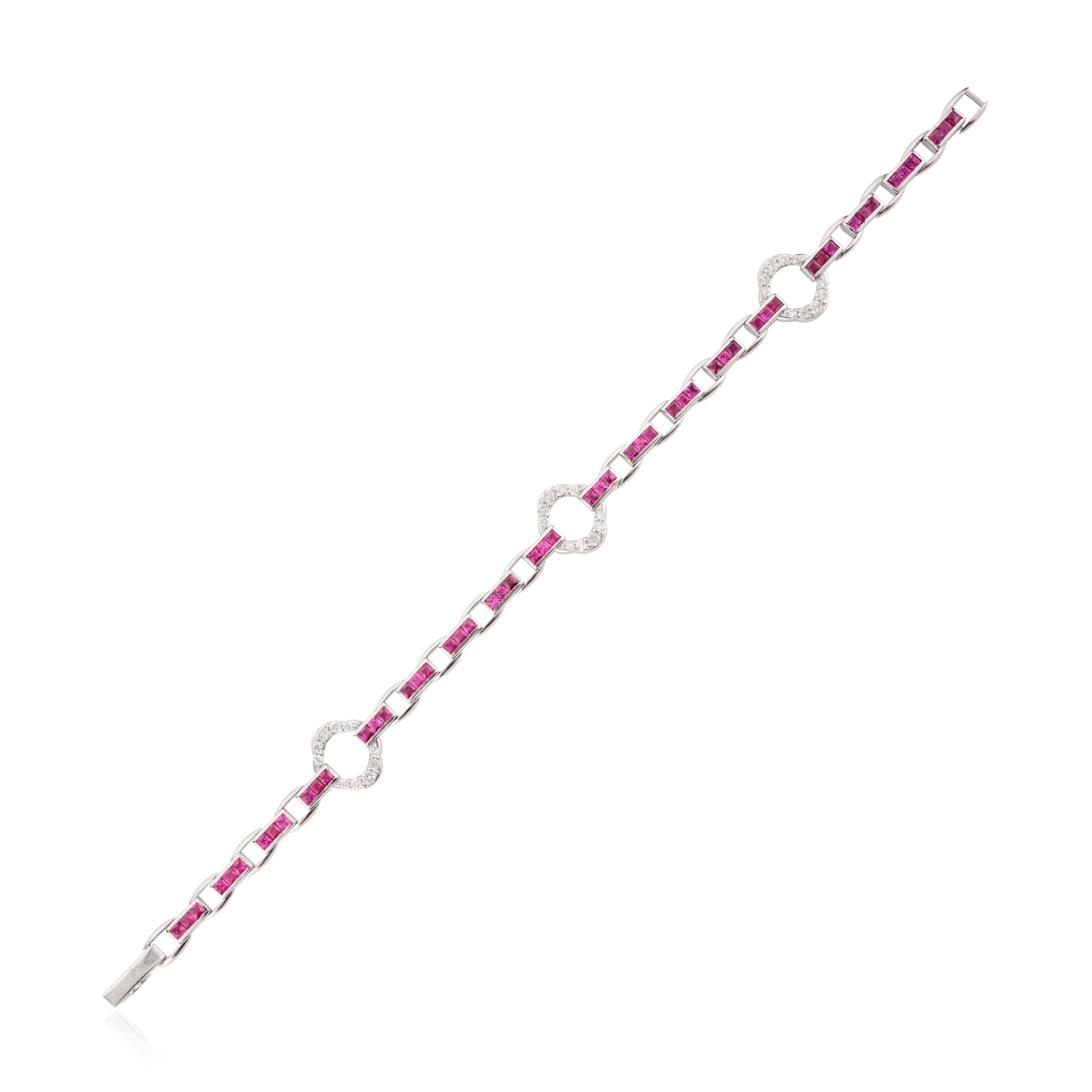 Square Cut Art Deco Style Ruby and Diamond Clover Tennis Bracelet 14k Solid White Gold For Sale