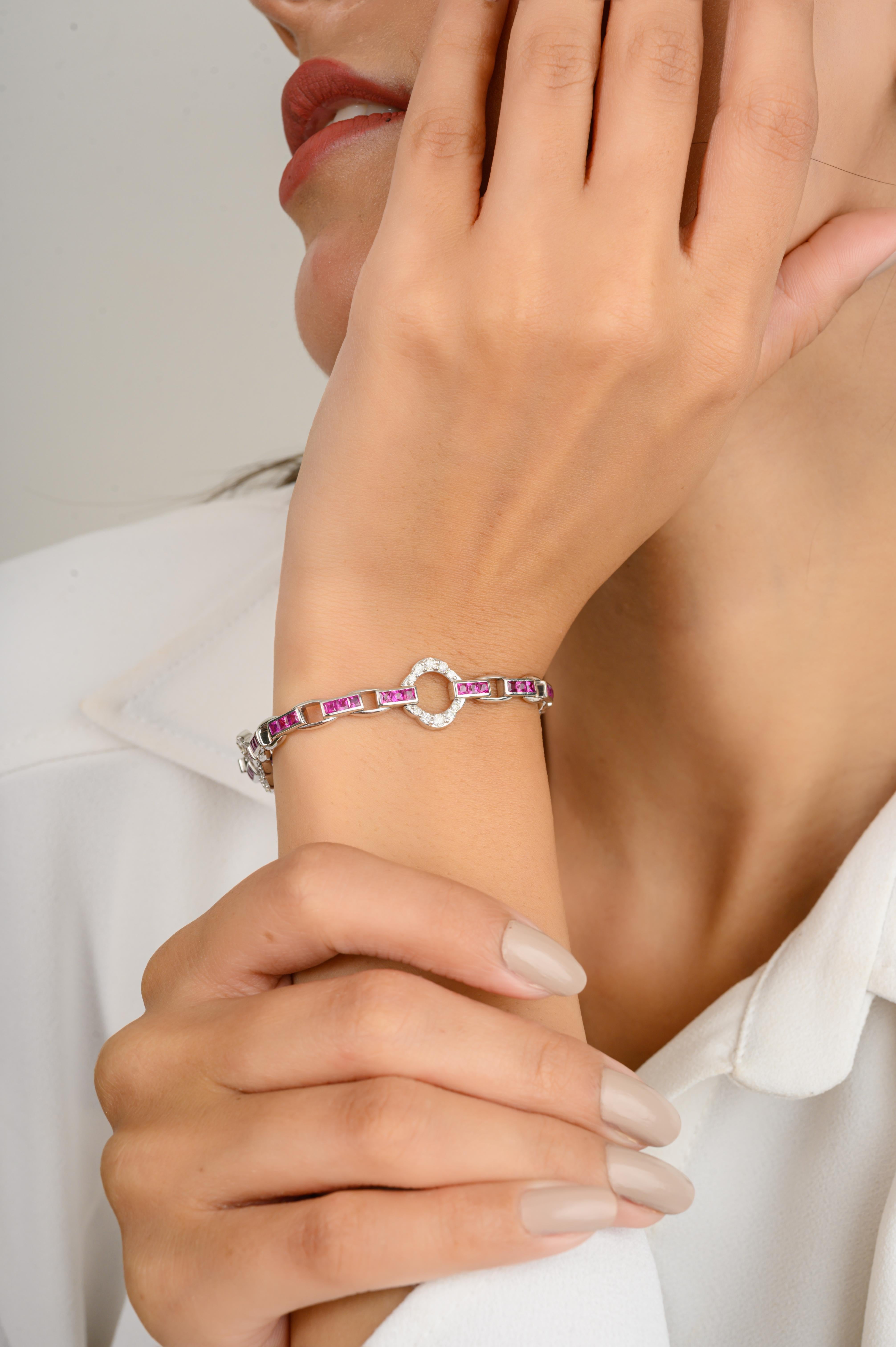 Art Deco Style Ruby and Diamond Clover Tennis Bracelet 14k Solid White Gold In New Condition For Sale In New York, NY