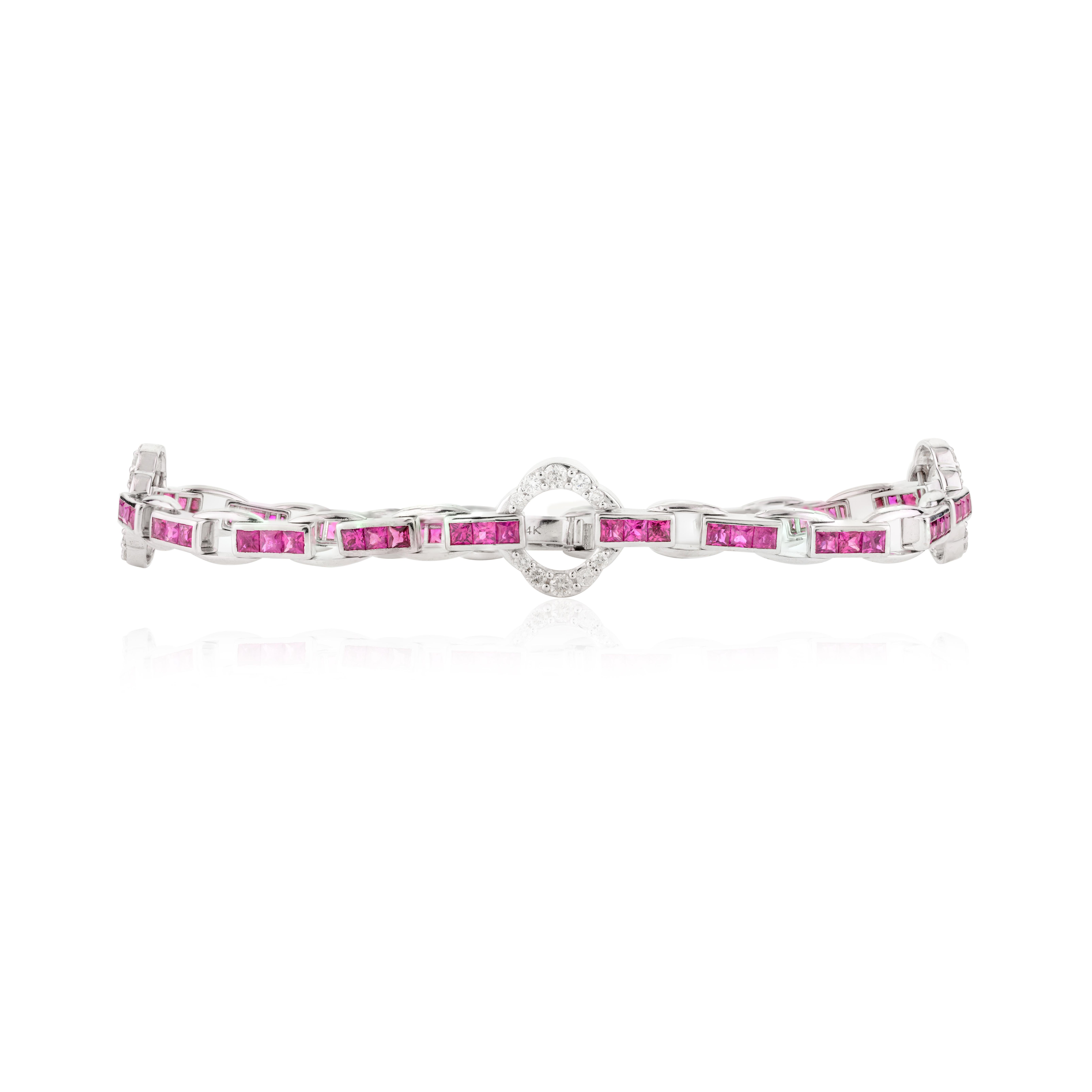 Women's Art Deco Style Ruby and Diamond Clover Tennis Bracelet 14k Solid White Gold For Sale