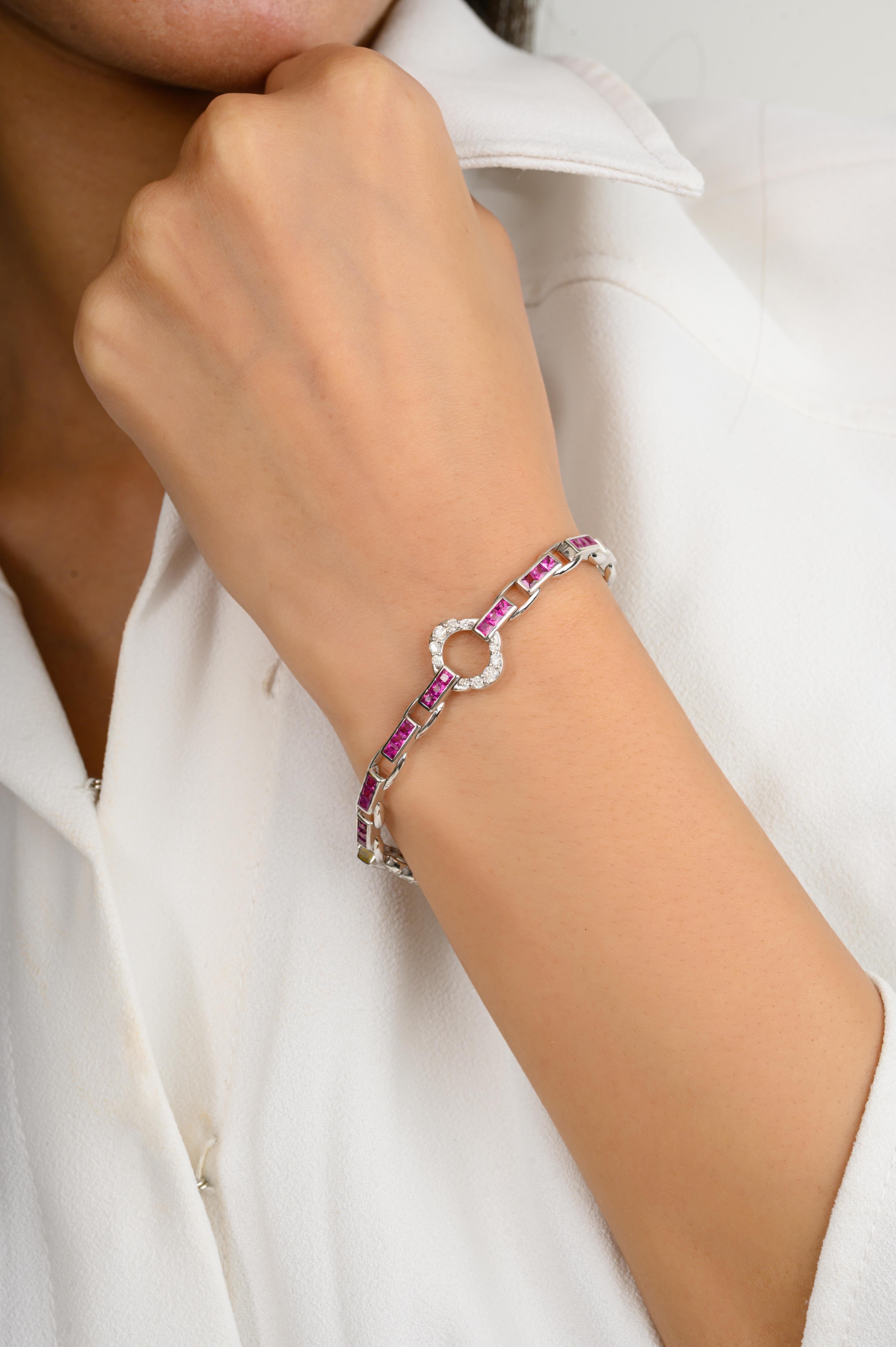 Art Deco Style Ruby and Diamond Clover Tennis Bracelet 14k Solid White Gold For Sale 1