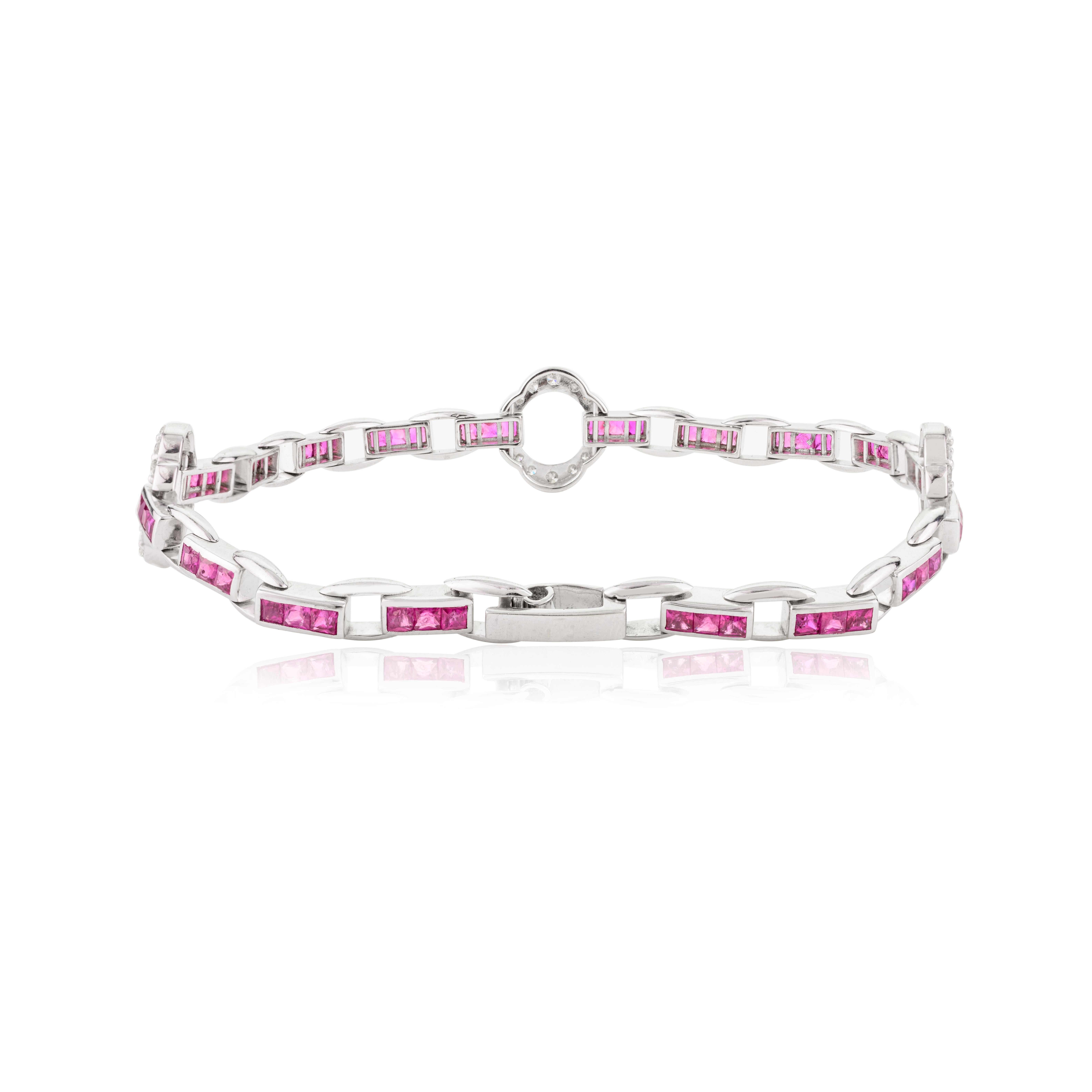 Art Deco Style Ruby and Diamond Clover Tennis Bracelet 14k Solid White Gold For Sale 2