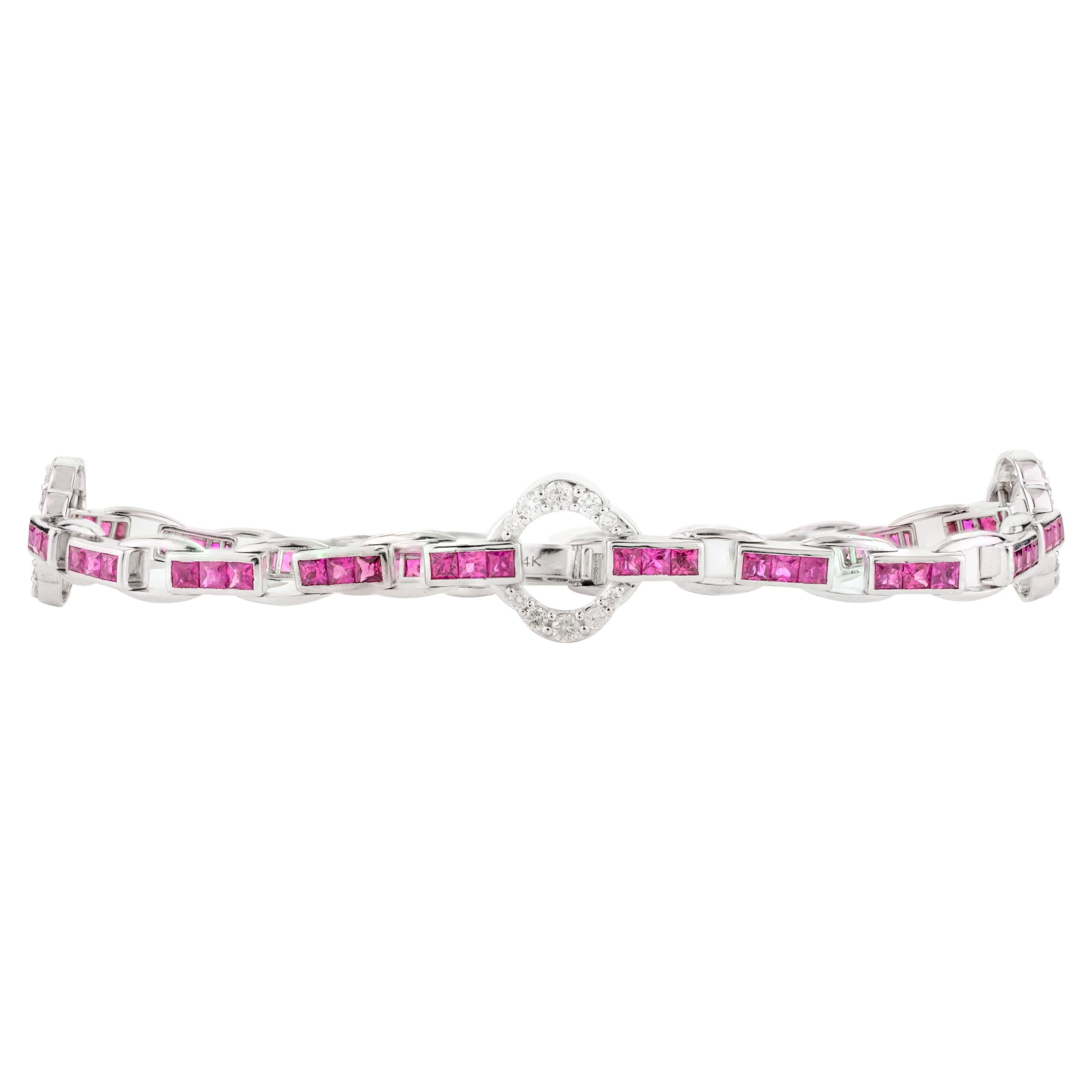 Clover-Tennisarmband im Art-Déco-Stil mit Rubin und Diamanten 14k massivem Weißgold