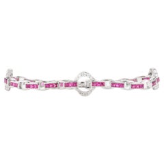 Art Deco Style Ruby and Diamond Clover Tennis Bracelet 14k Solid White Gold