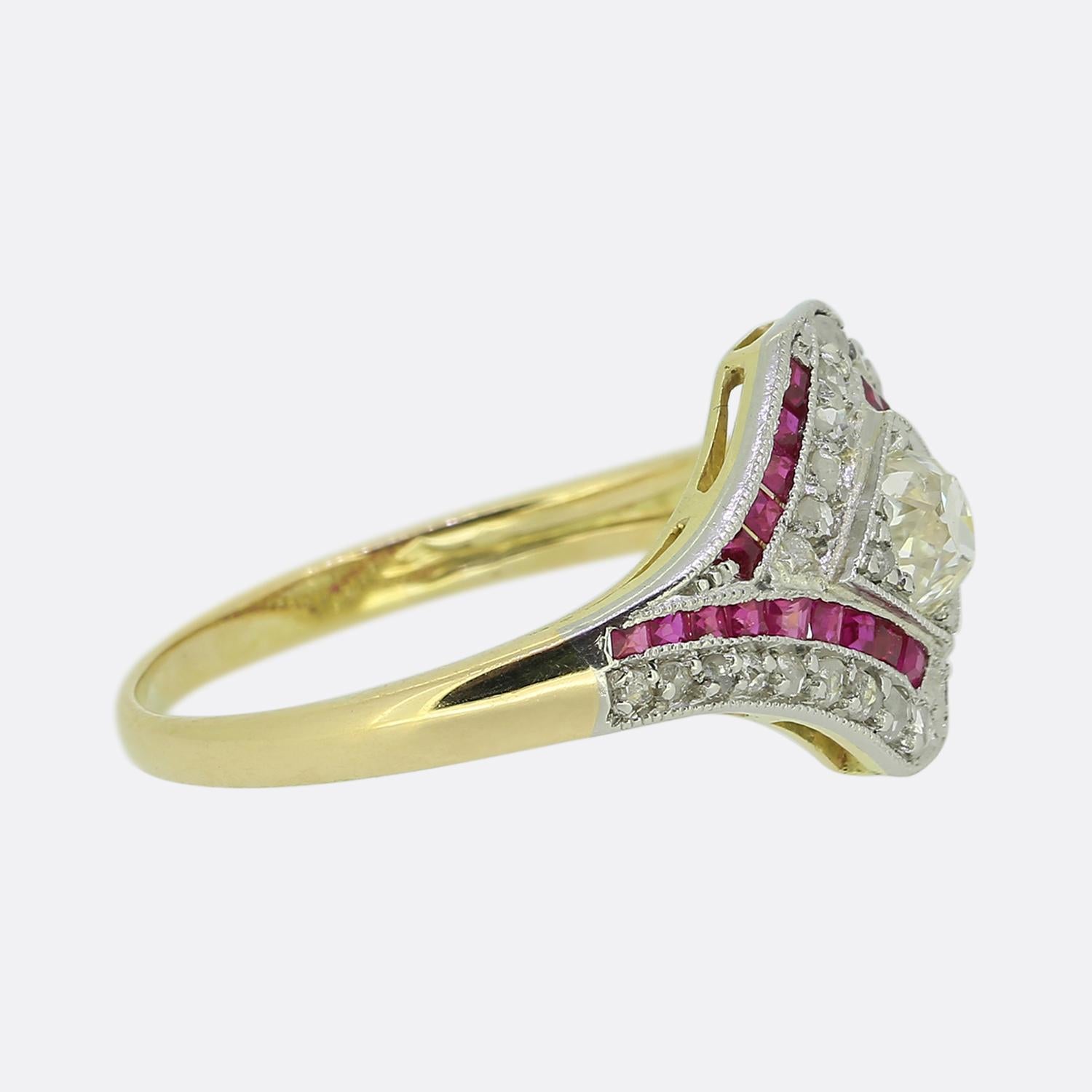 Old Mine Cut Art Deco Ruby and Diamond Cluster Ring For Sale
