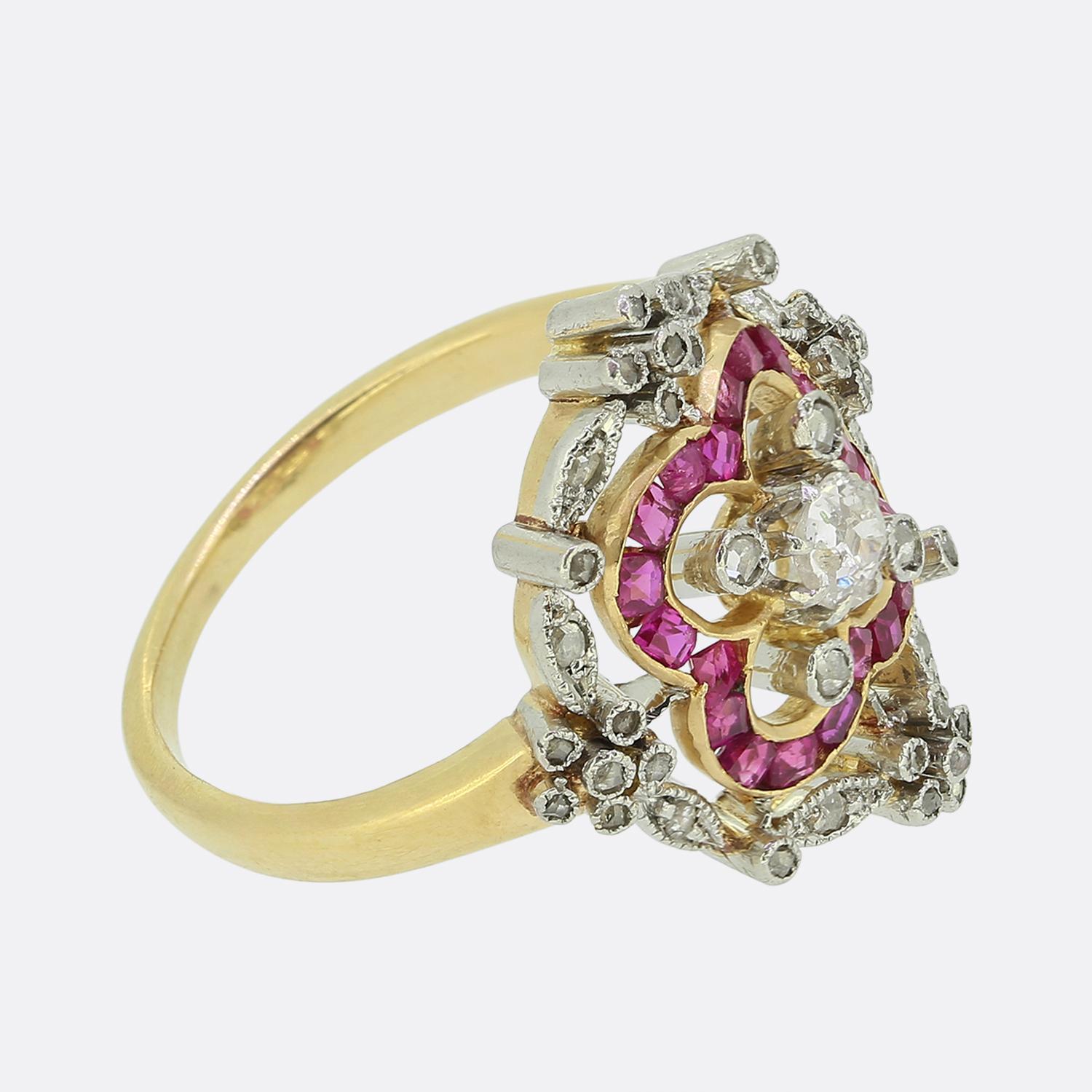 Round Cut Art Deco Ruby and Diamond Cluster Ring For Sale
