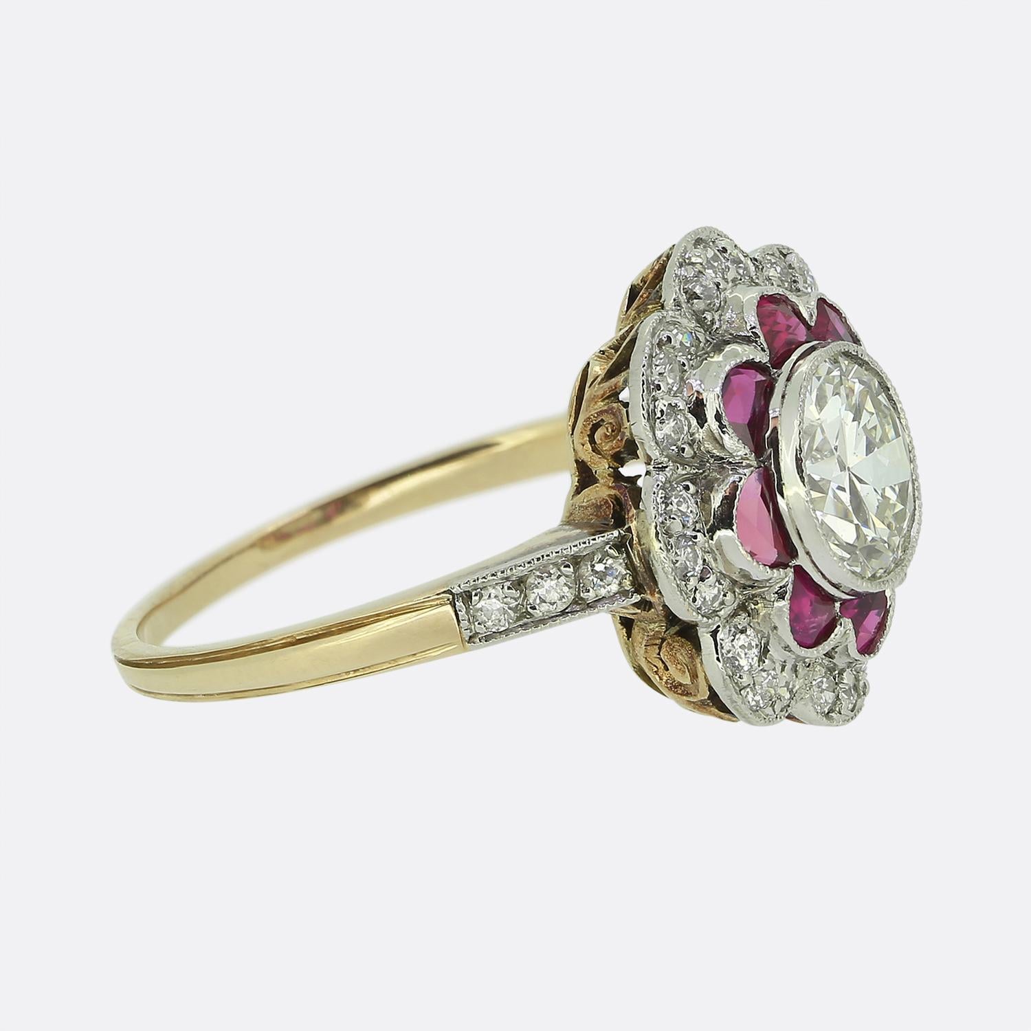 Round Cut Art Deco Ruby and Diamond Cluster Ring