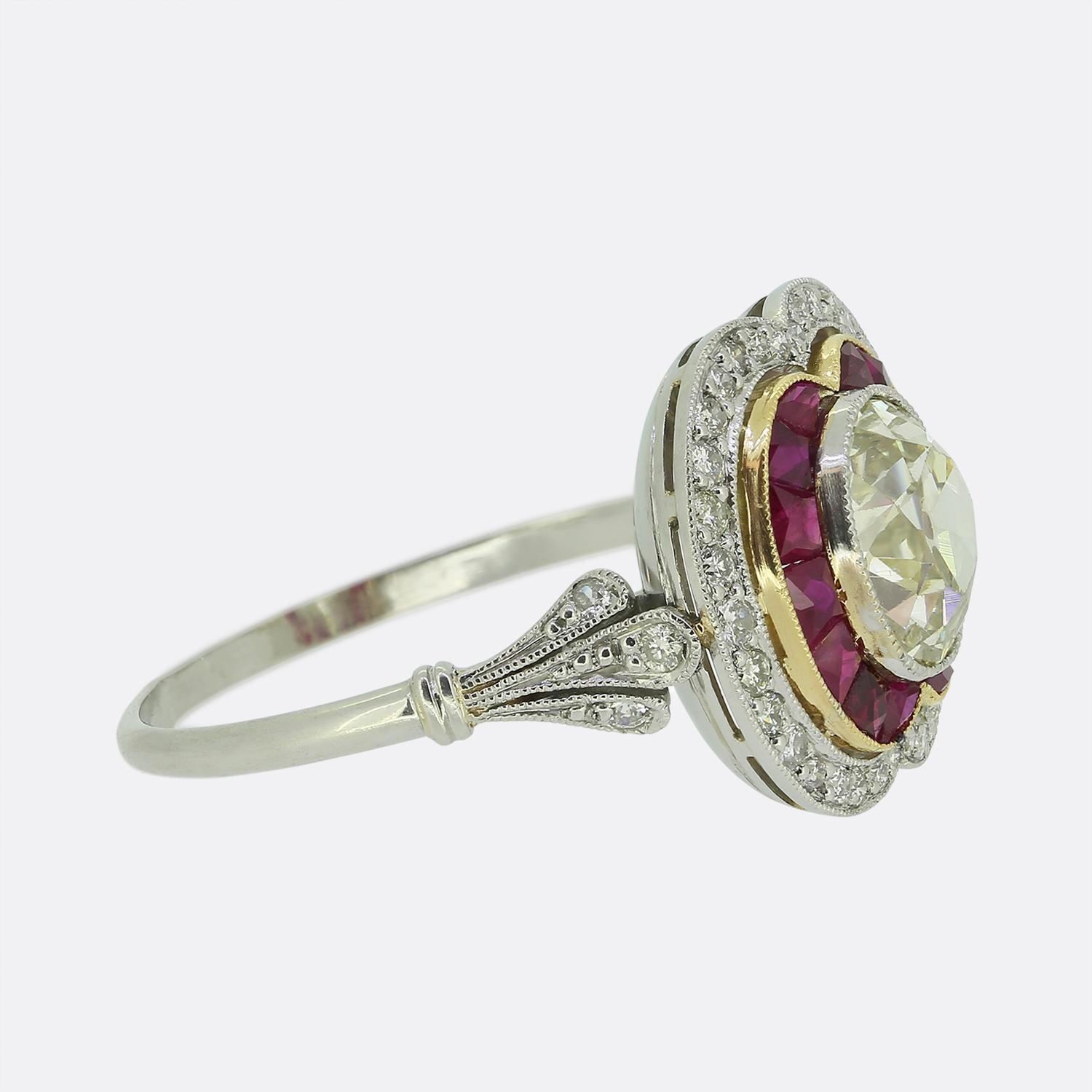 Old Mine Cut Art Deco Ruby and Diamond Cluster Ring For Sale