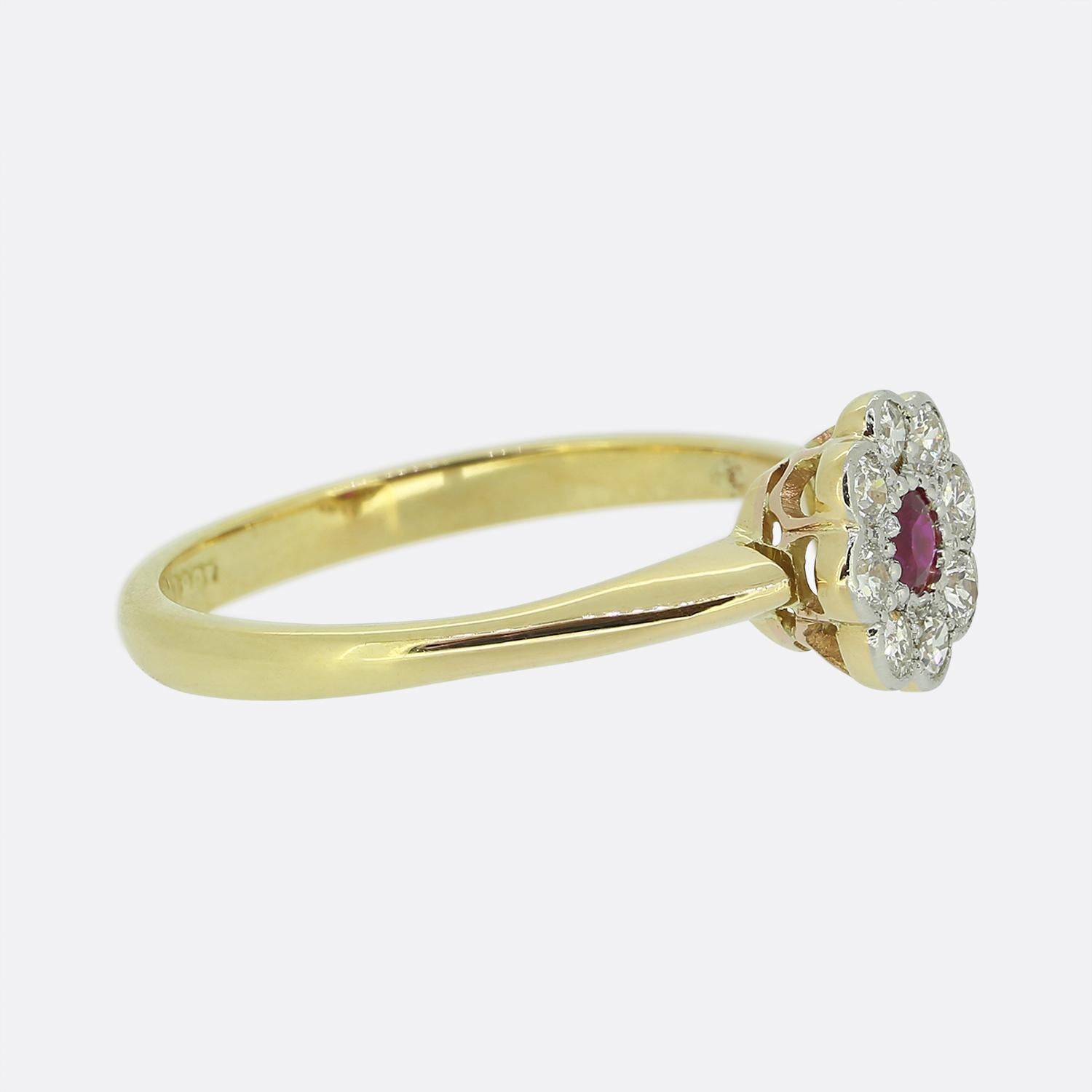 Round Cut Art Deco ruby and Diamond Daisy Cluster Ring