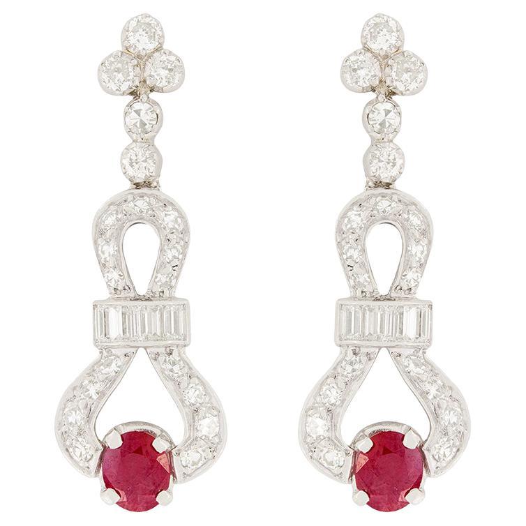 Art Deco Ruby and Diamond Drop Earrings, c.1930s