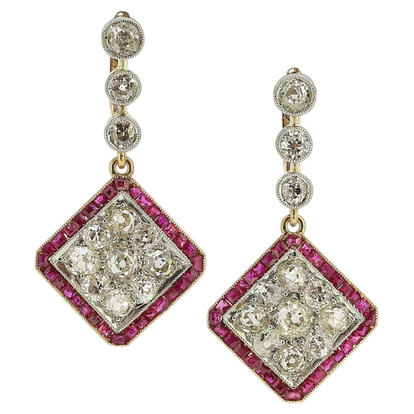 Art Deco Rubin- und Diamanttropfen-Ohrringe