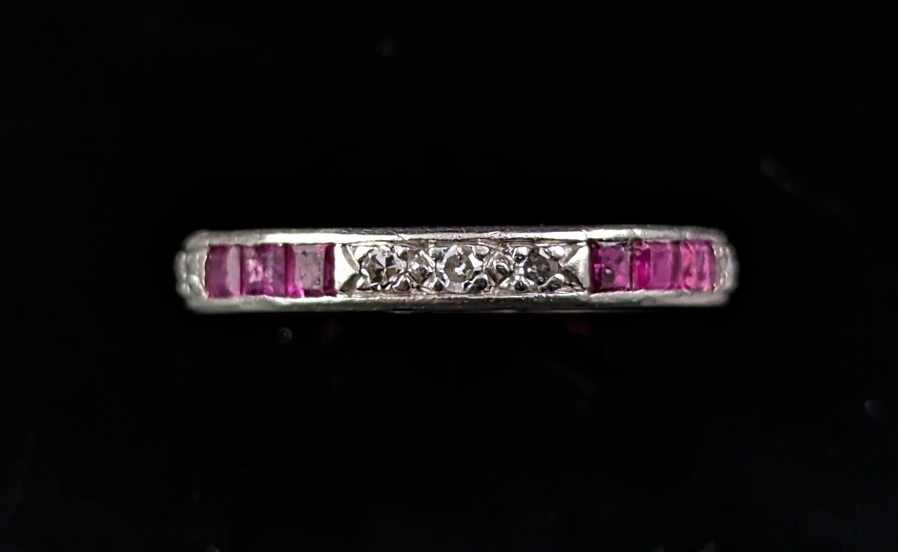 Square Cut Art Deco Ruby and Diamond eternity ring, Platinum  For Sale