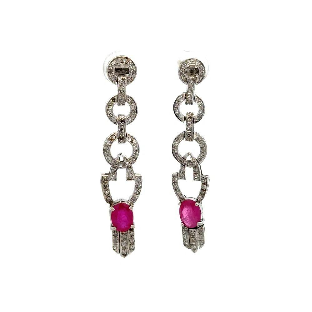 Pendientes de gota Art Decó de oro con rubíes y diamantes en Excelente estado para la venta en Montreal, QC