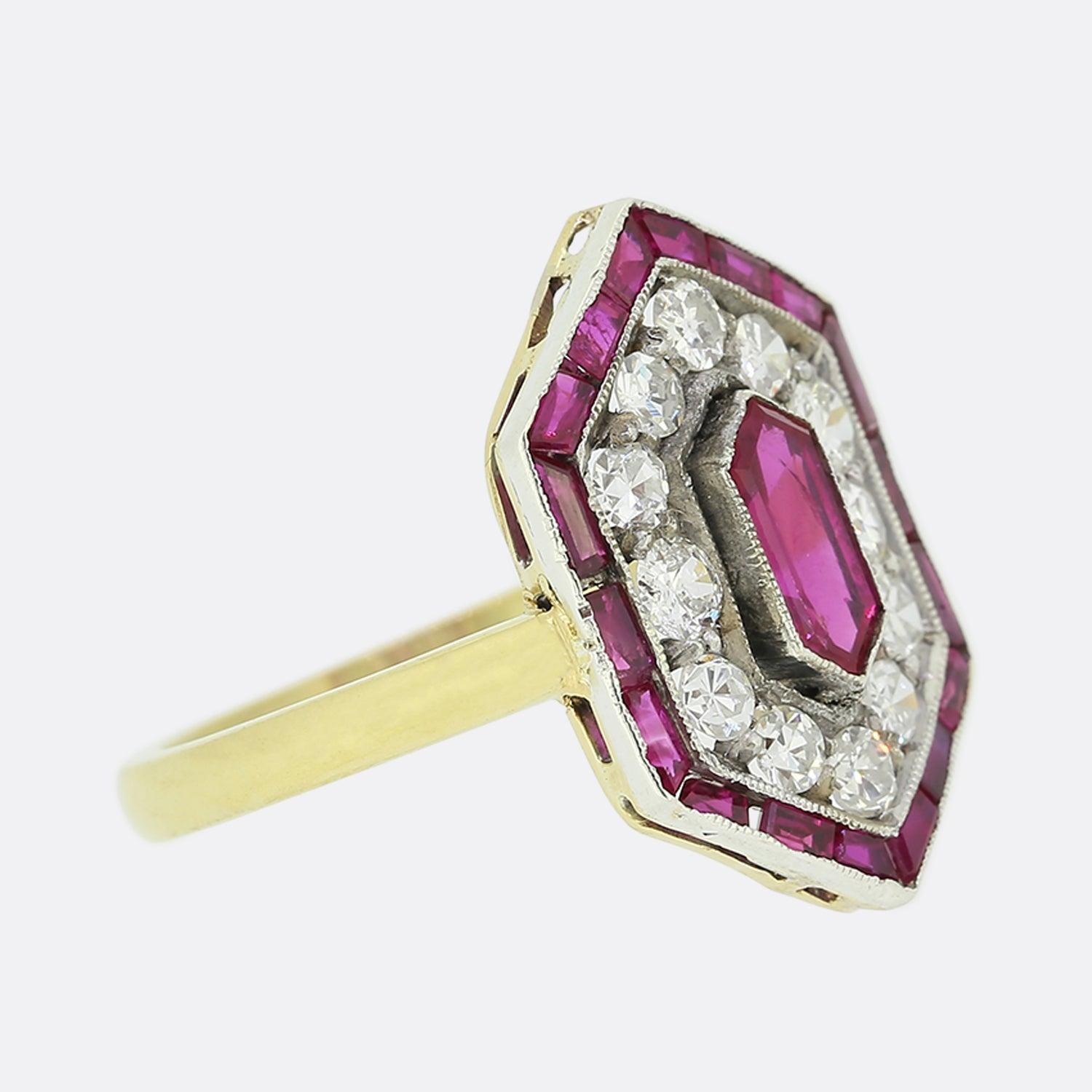 Single Cut Art Deco Ruby and Diamond Hexagonal Cluster Ring For Sale