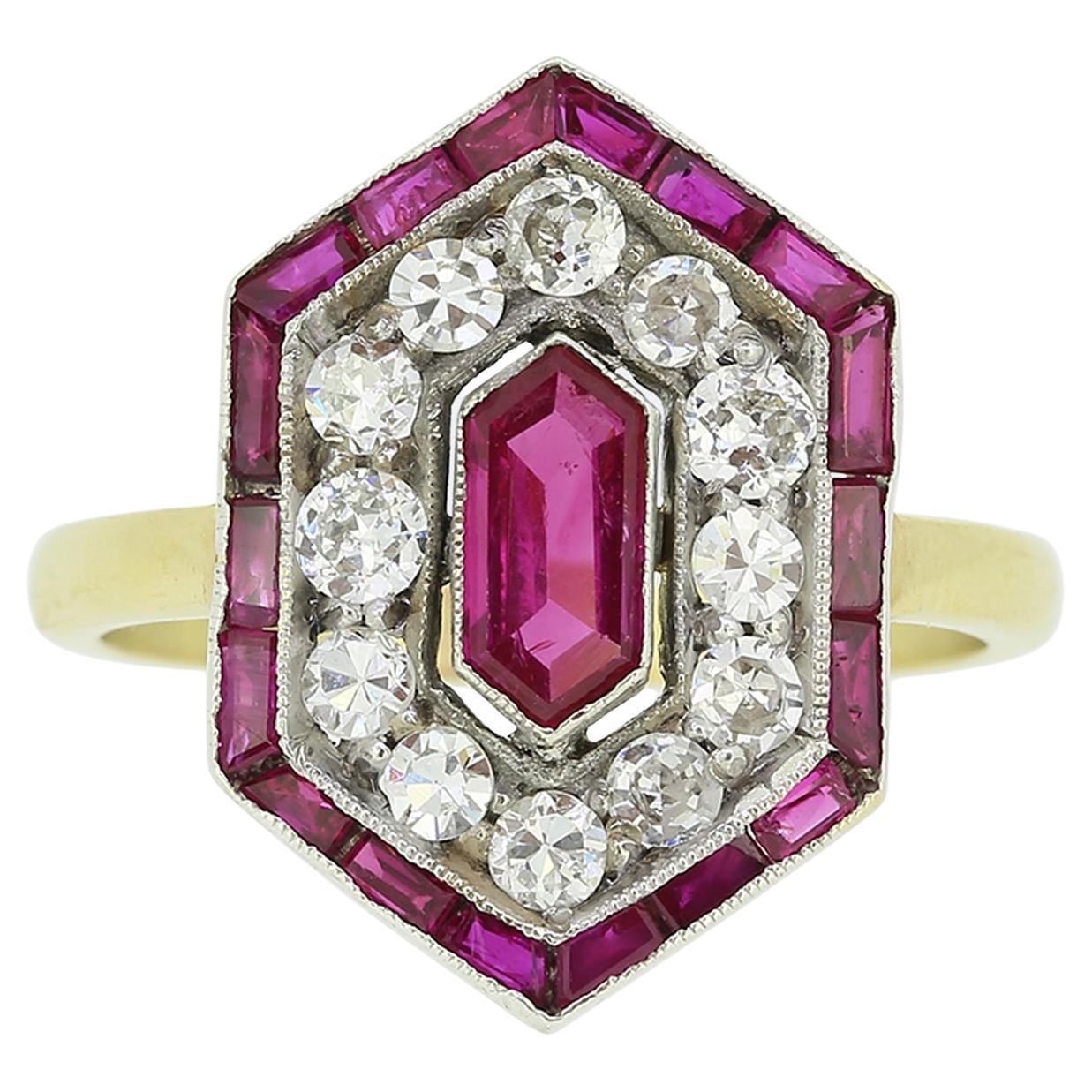 Art Deco Ruby and Diamond Hexagonal Cluster Ring For Sale