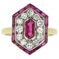 Vintage Art Deco Ruby and Diamond Hexagonal Cluster Ring