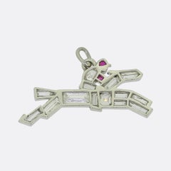 Art Deco Ruby and Diamond Jockey on a Horse Charm Pendant