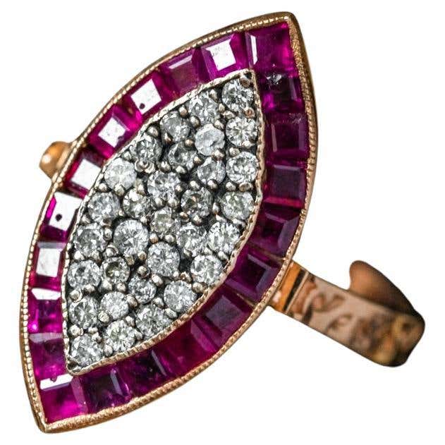 Antique Marquise Shape Diamond Ruby Engagement Ring For Sale at 1stDibs ...
