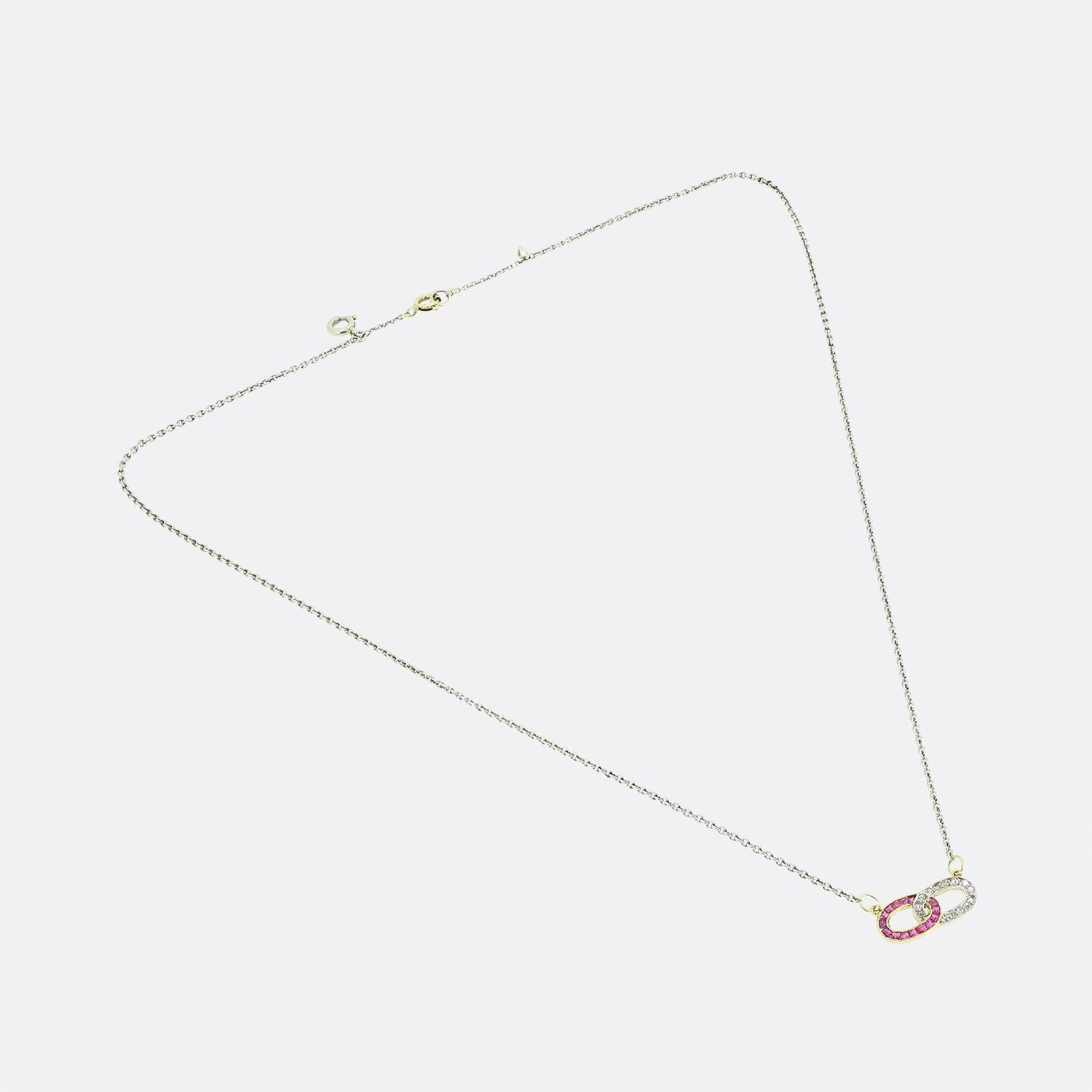 Square Cut Art Deco Ruby and Diamond Necklace For Sale