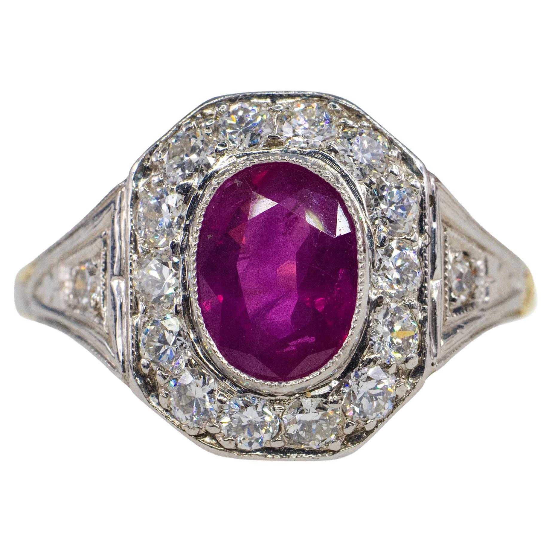 Art Deco Ruby and Diamond Octagonal Halo Ring For Sale