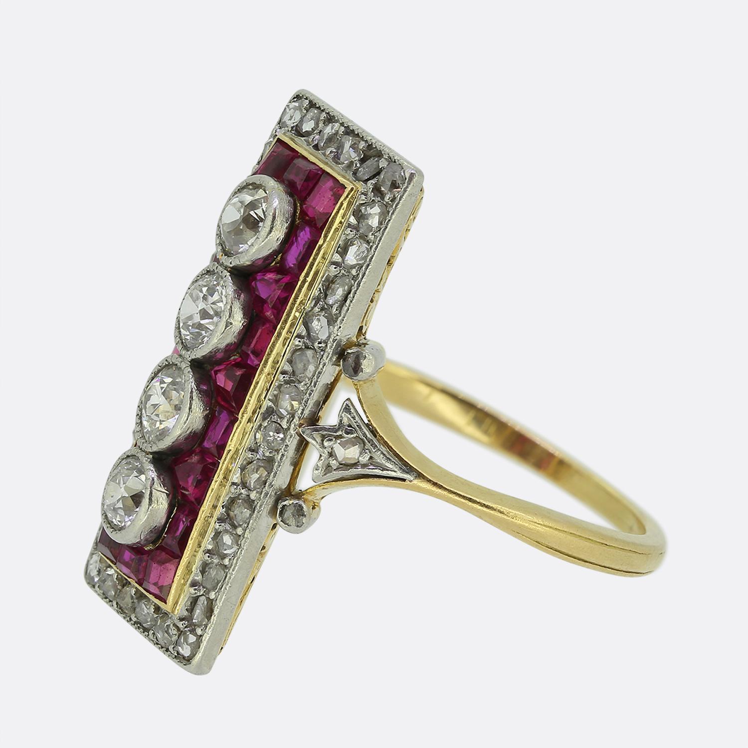 Here we have a truly exceptional ring that dates back to the Art Deco era. The ring is crafted in 18ct yellow gold and platinum and features four perfectly matched old cut diamonds that are set vertically in the centre. Surrounding these diamonds