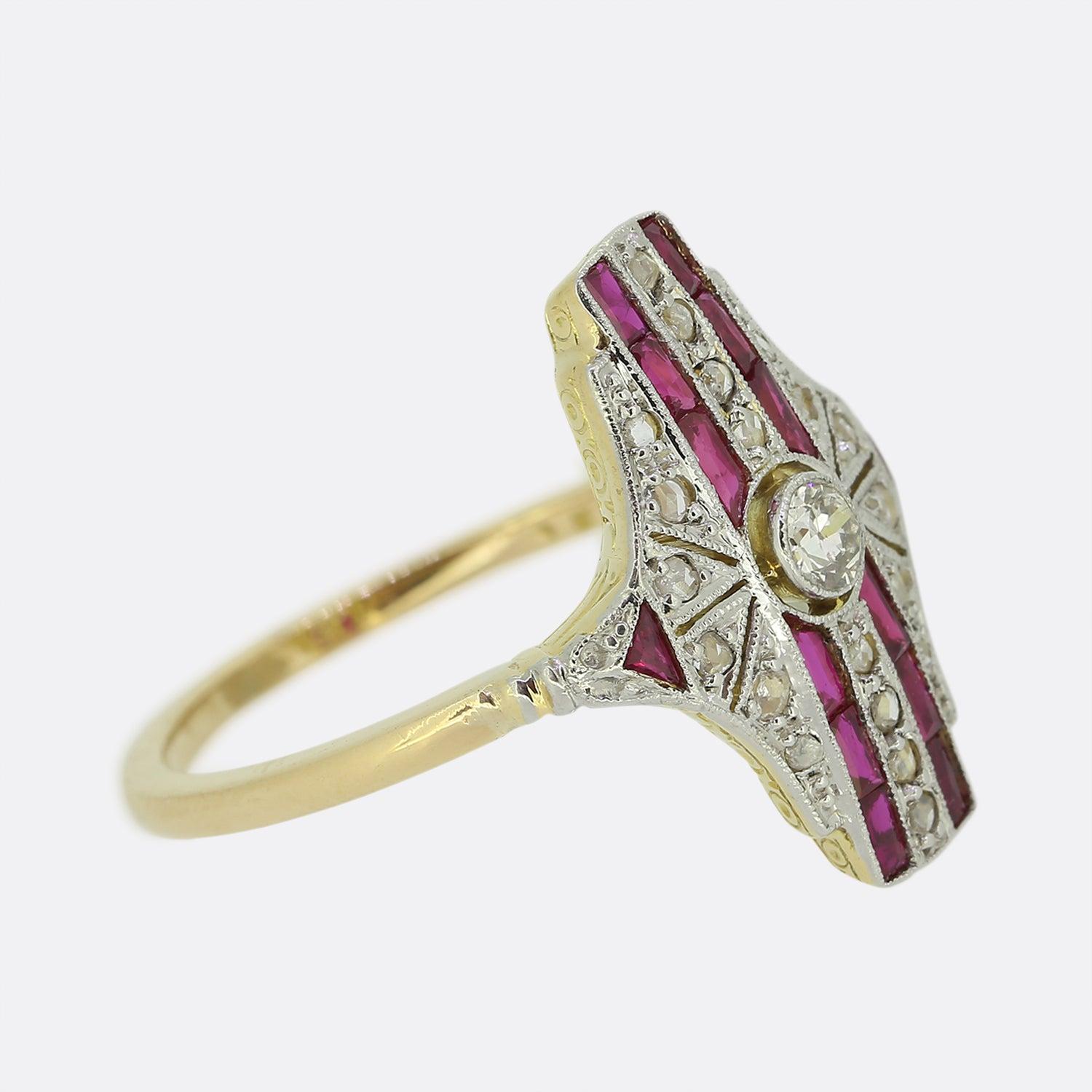 Old European Cut Art Deco Ruby and Diamond Plaque Ring For Sale