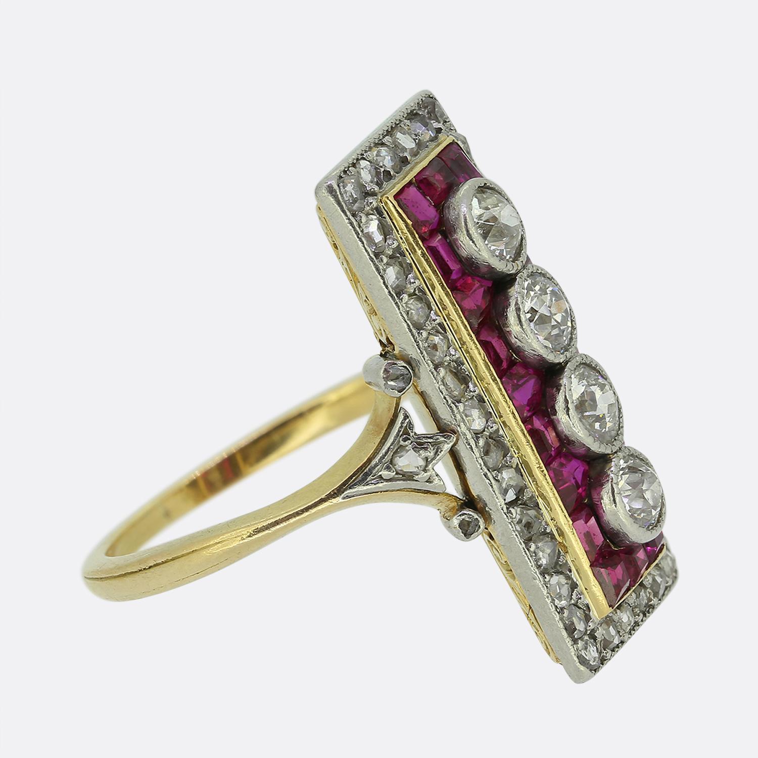 Old European Cut Art Deco Ruby and Diamond Plaque Ring For Sale