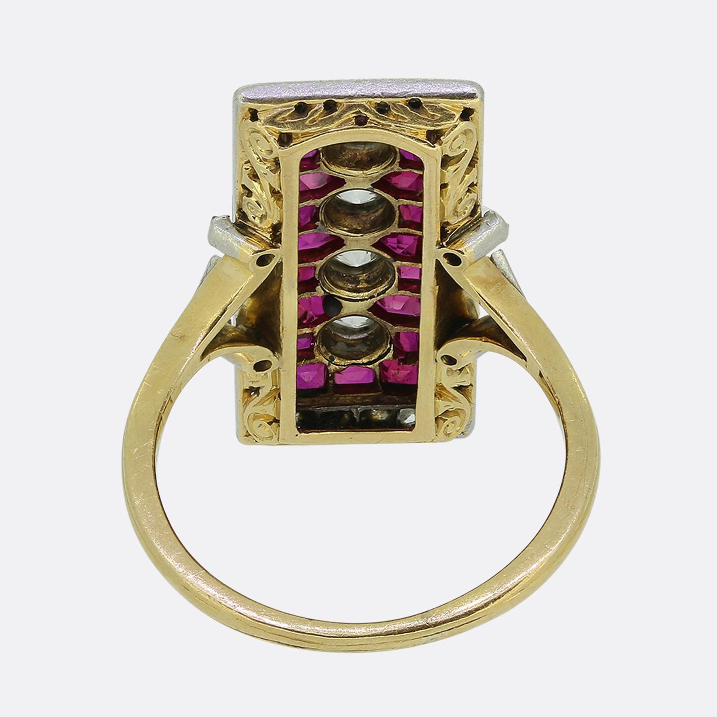 Art Deco Ruby and Diamond Plaque Ring In Good Condition For Sale In London, GB