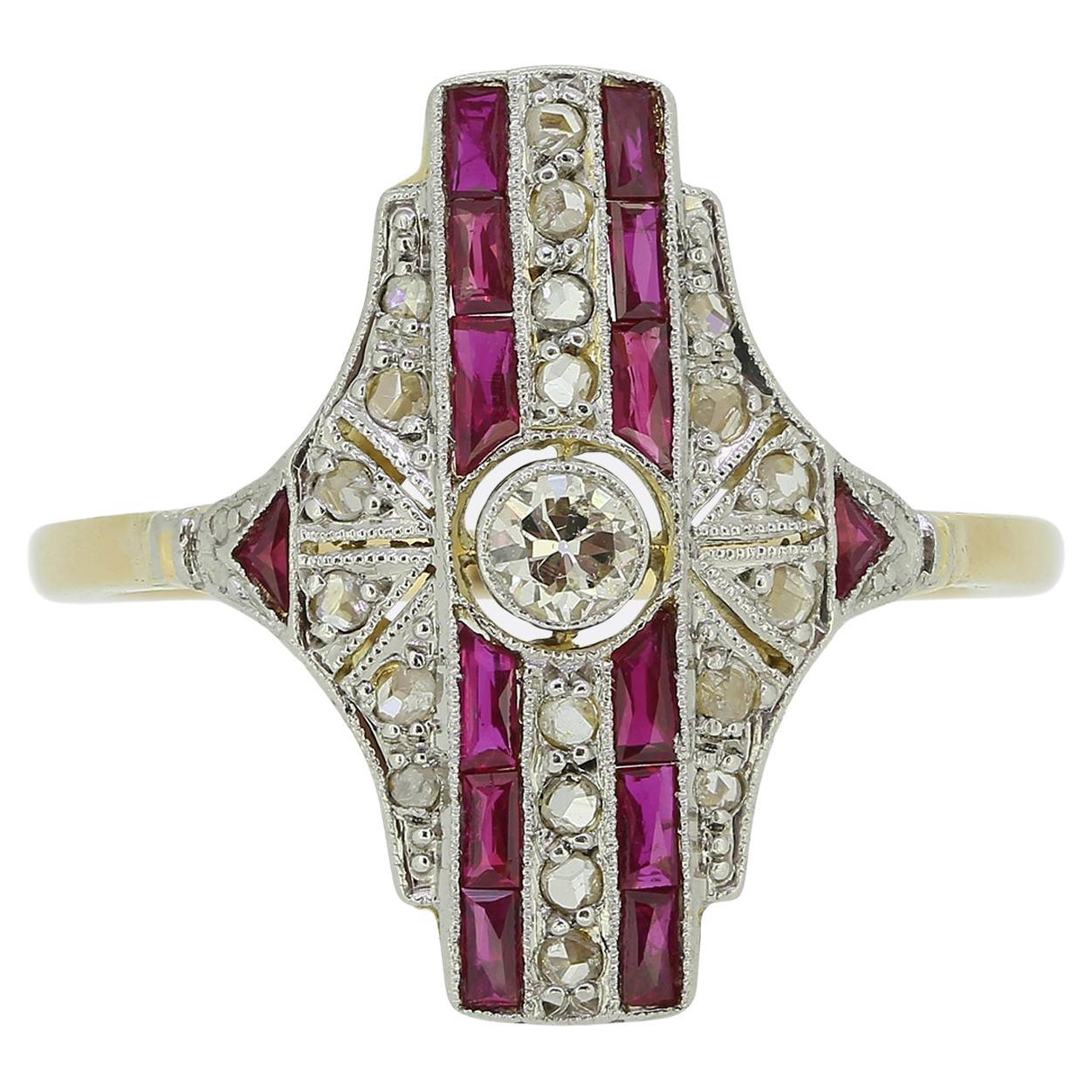 Art Deco Ruby and Diamond Plaque Ring For Sale