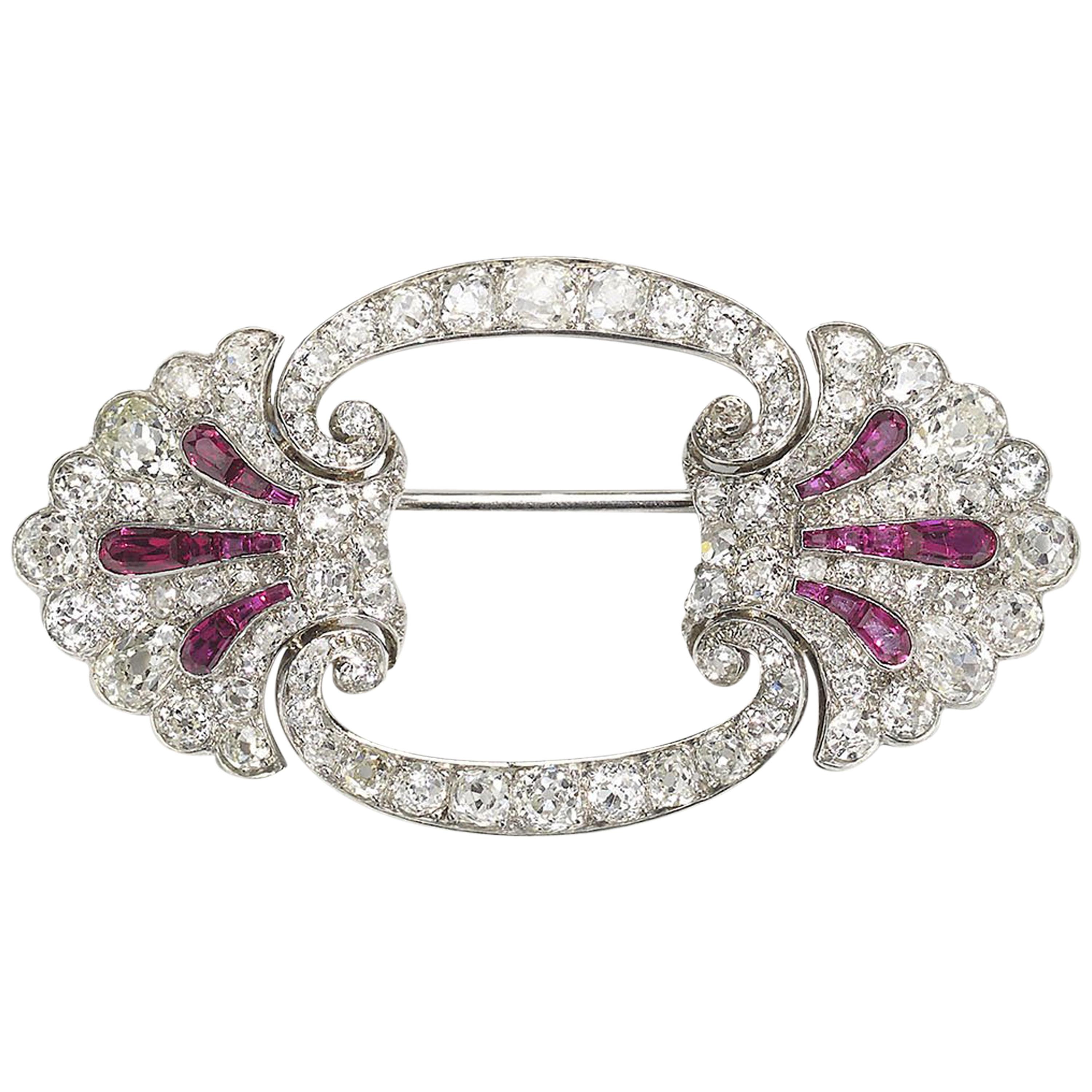 Art Deco Ruby and Diamond Platinum Brooch