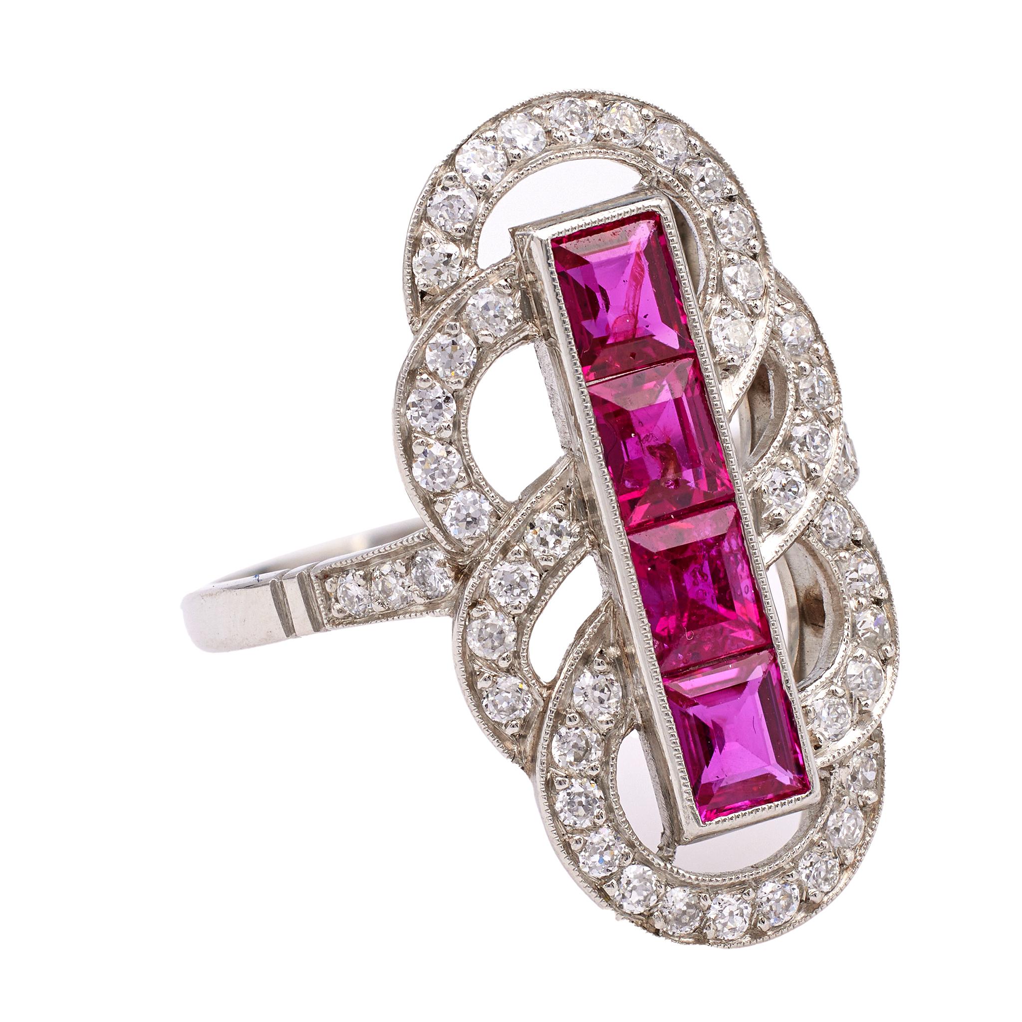 Women's or Men's Art Deco Ruby and Diamond Platinum Dinner Ring For Sale