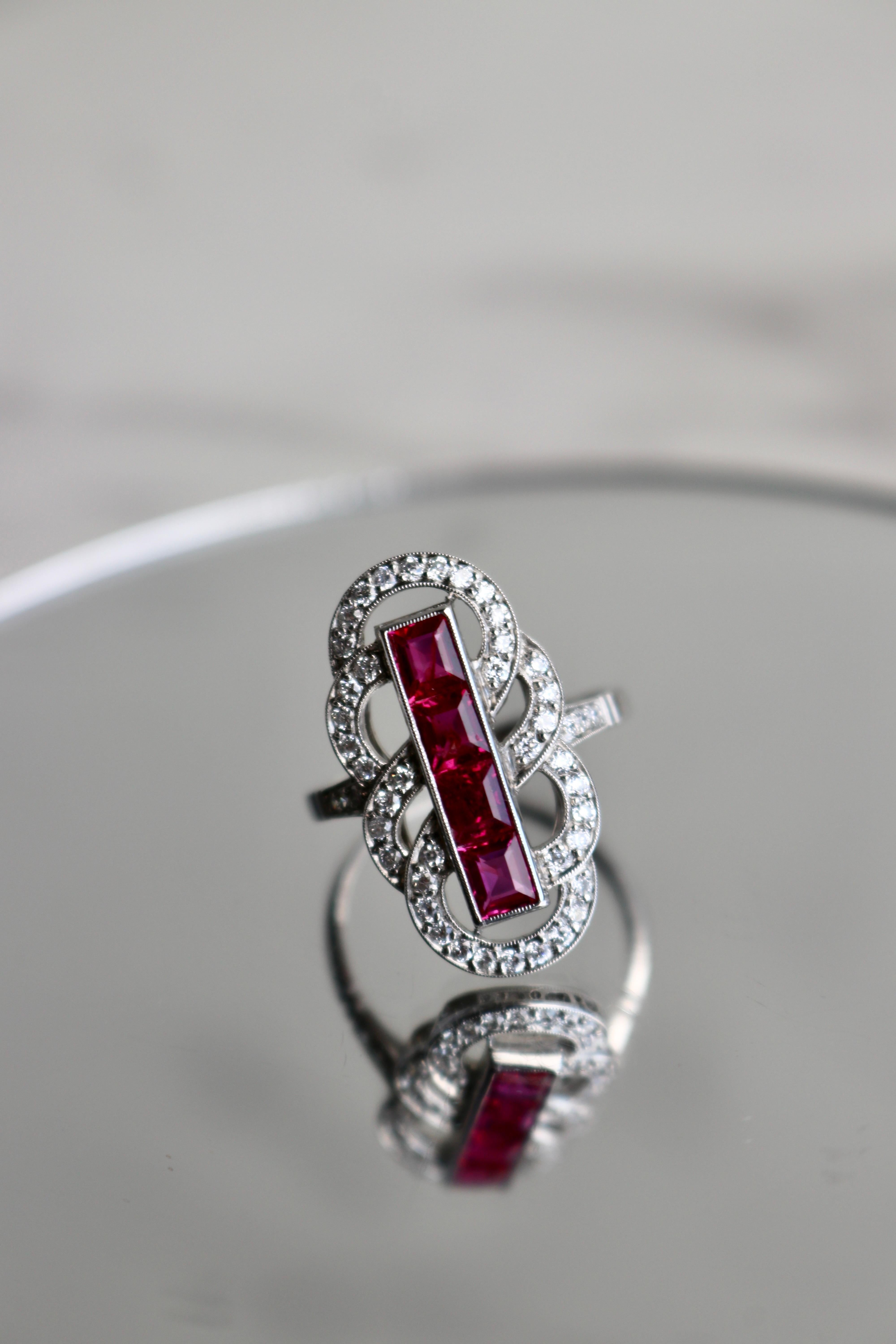 Art Deco Ruby and Diamond Platinum Dinner Ring For Sale 1