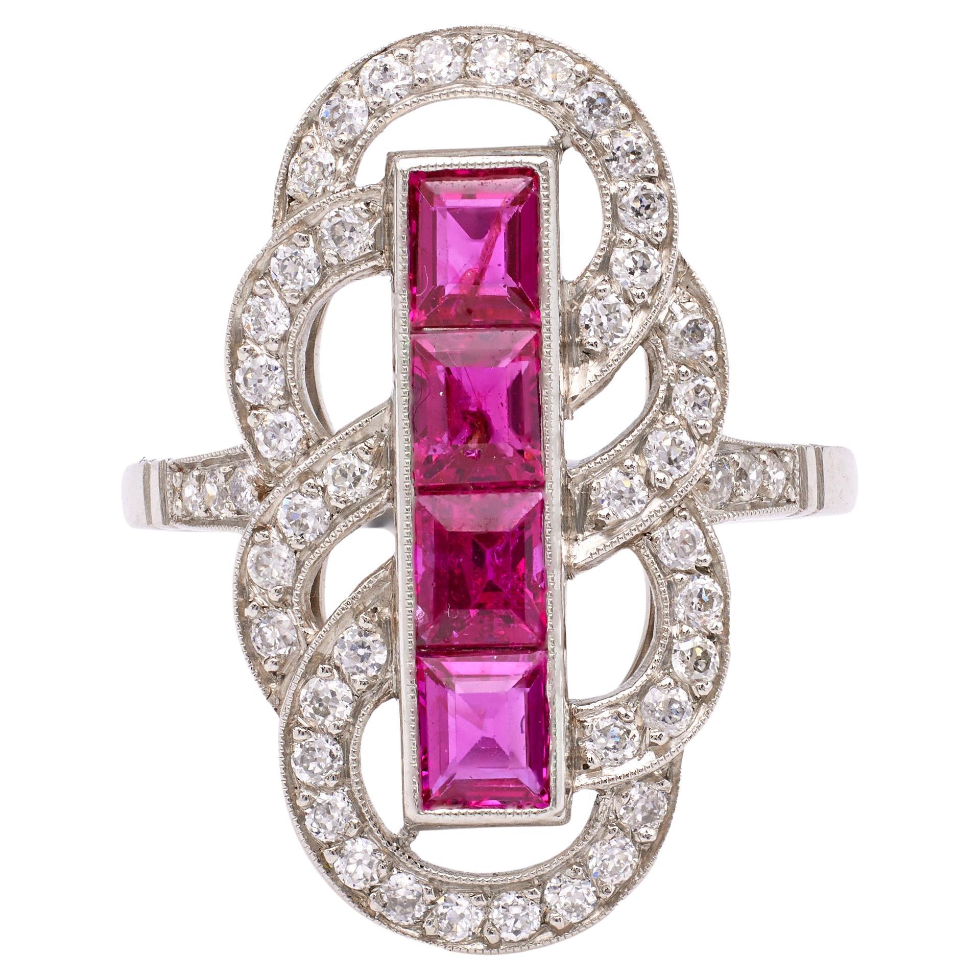 Art Deco Ruby and Diamond Platinum Dinner Ring For Sale