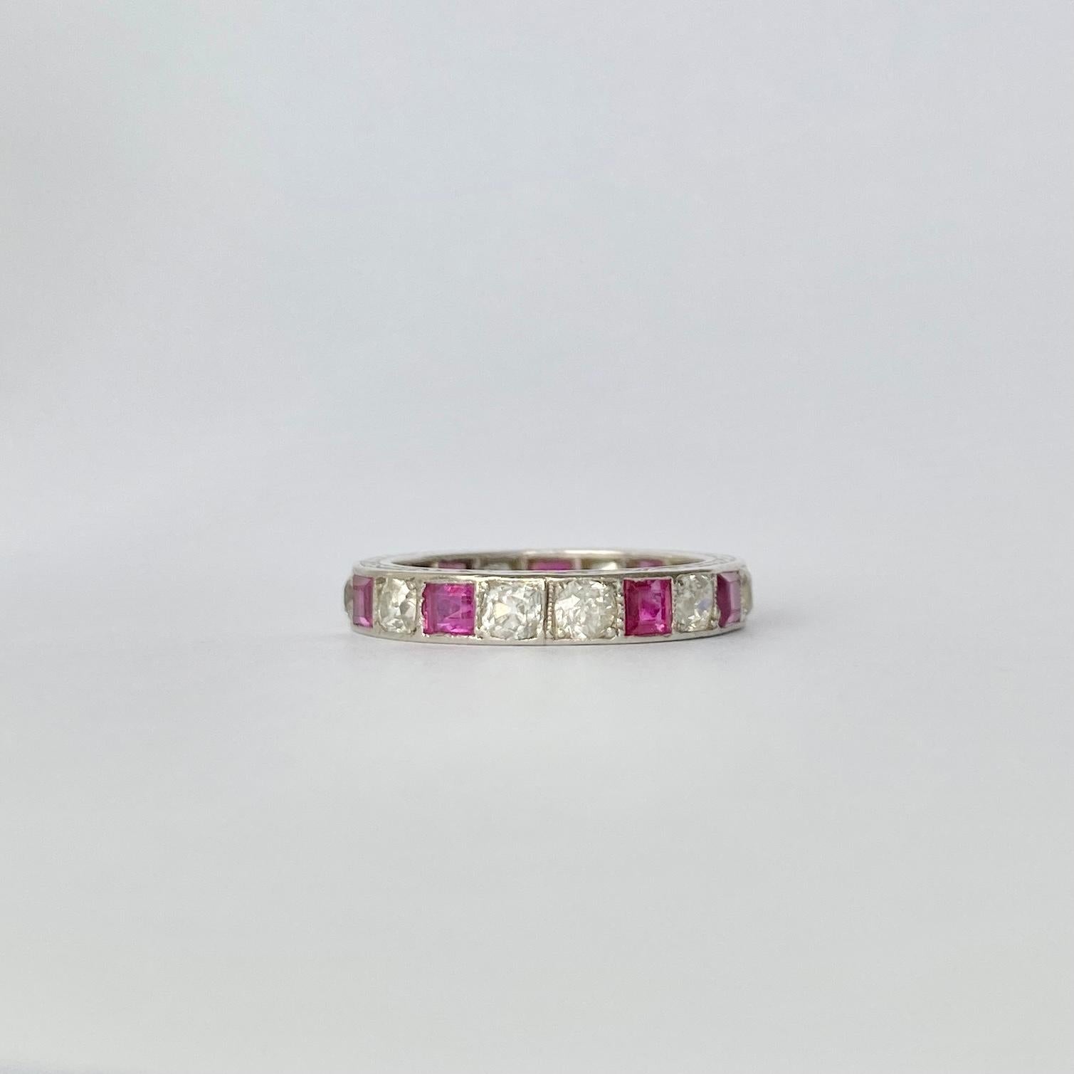 Round Cut Art Deco Ruby and Diamond Platinum Eternity Ring