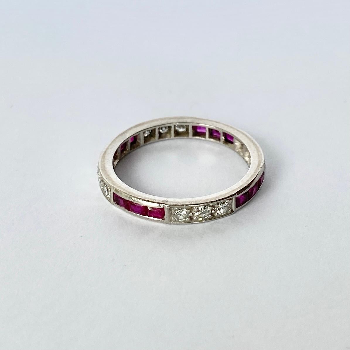Art Deco Ruby and Diamond Platinum Full Eternity Band In Good Condition In Chipping Campden, GB