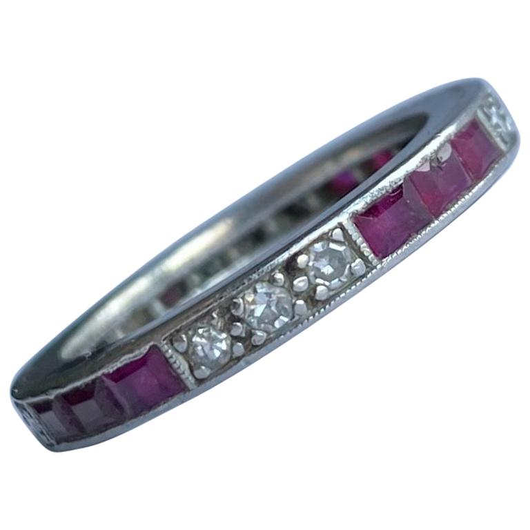 Art Deco Ruby and Diamond Platinum Full Eternity Band