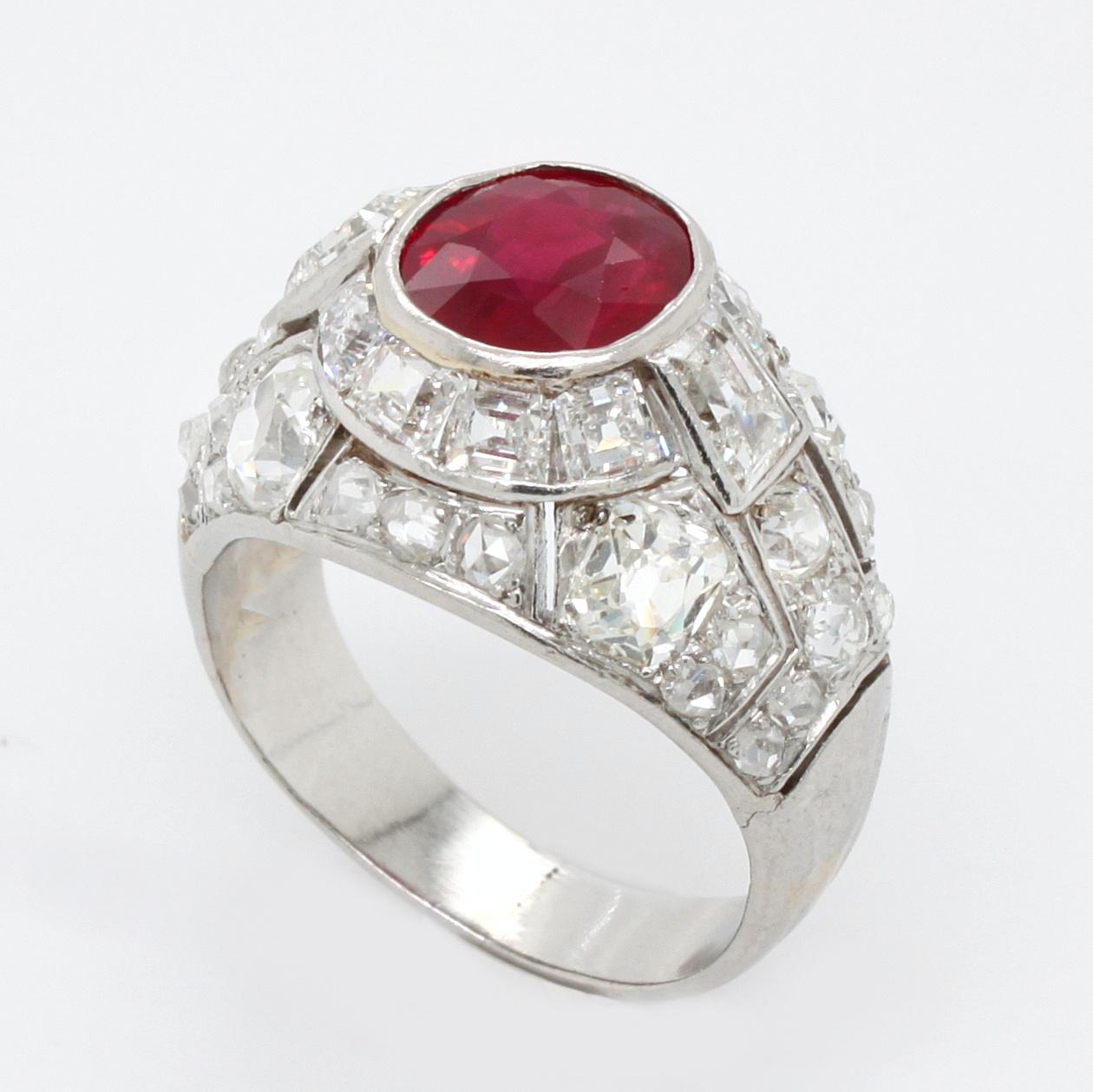 Cushion Cut Art Deco Burmese Ruby and Diamond Ring, 1920s For Sale