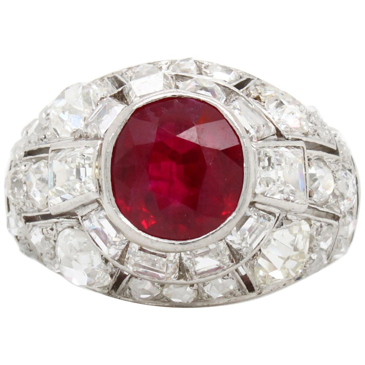 Art Deco Burmese Ruby and Diamond Ring, 1920s For Sale