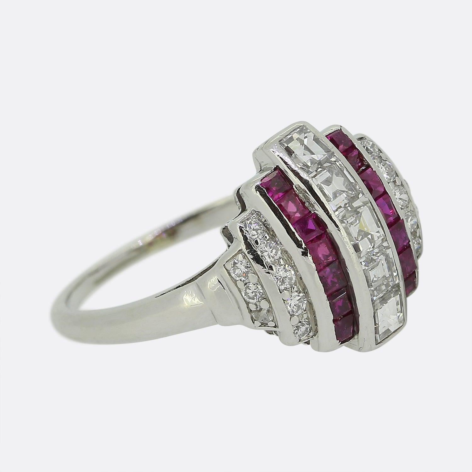 Square Cut Art Deco Ruby and Diamond Ring For Sale