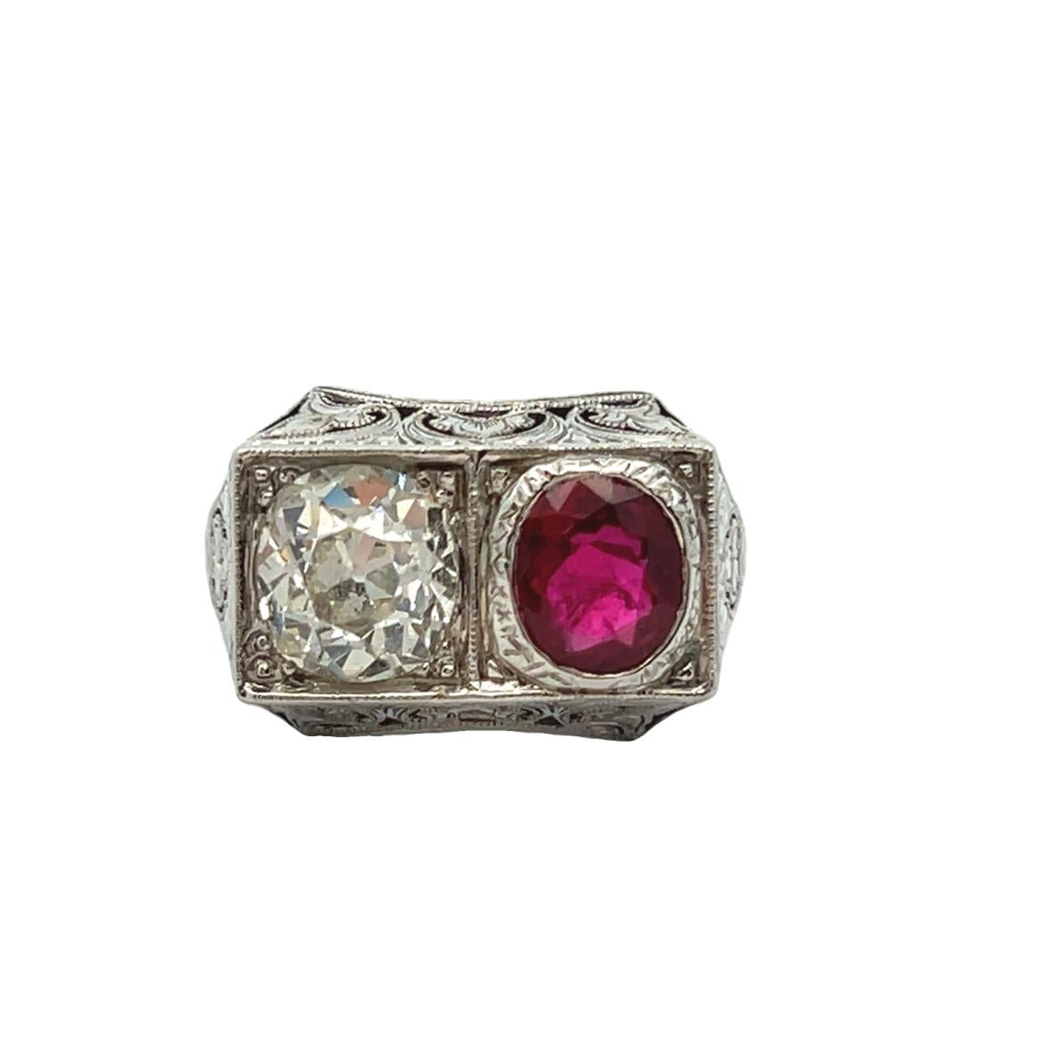 Art-Déco-Ring mit Rubin und Diamant im Zustand „Hervorragend“ im Angebot in New York, NY