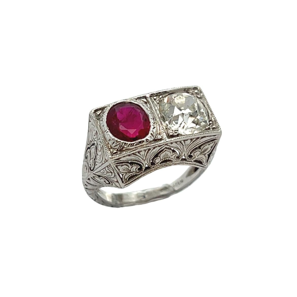 Art-Déco-Ring mit Rubin und Diamant im Angebot 3