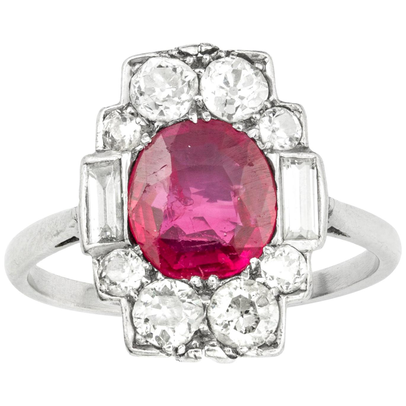 Art Deco Ruby Diamond Cluster Ring For Sale at 1stDibs