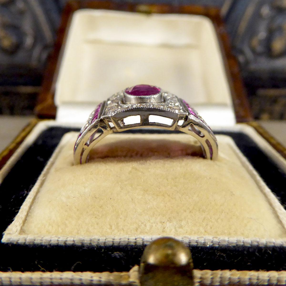 Art Deco Ruby and Diamond Ring in Platinum and Original Box For Sale 5