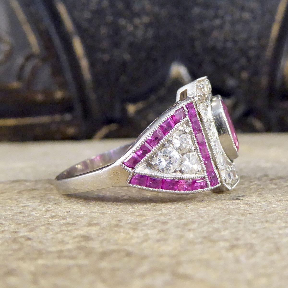 Oval Cut Art Deco Ruby and Diamond Ring in Platinum and Original Box For Sale