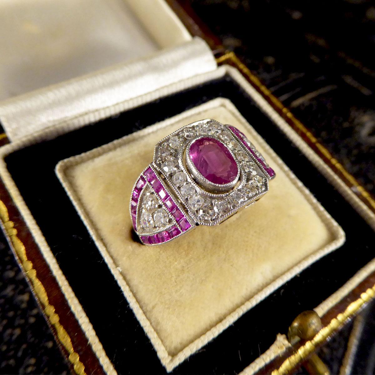 Art Deco Ruby and Diamond Ring in Platinum and Original Box For Sale 3