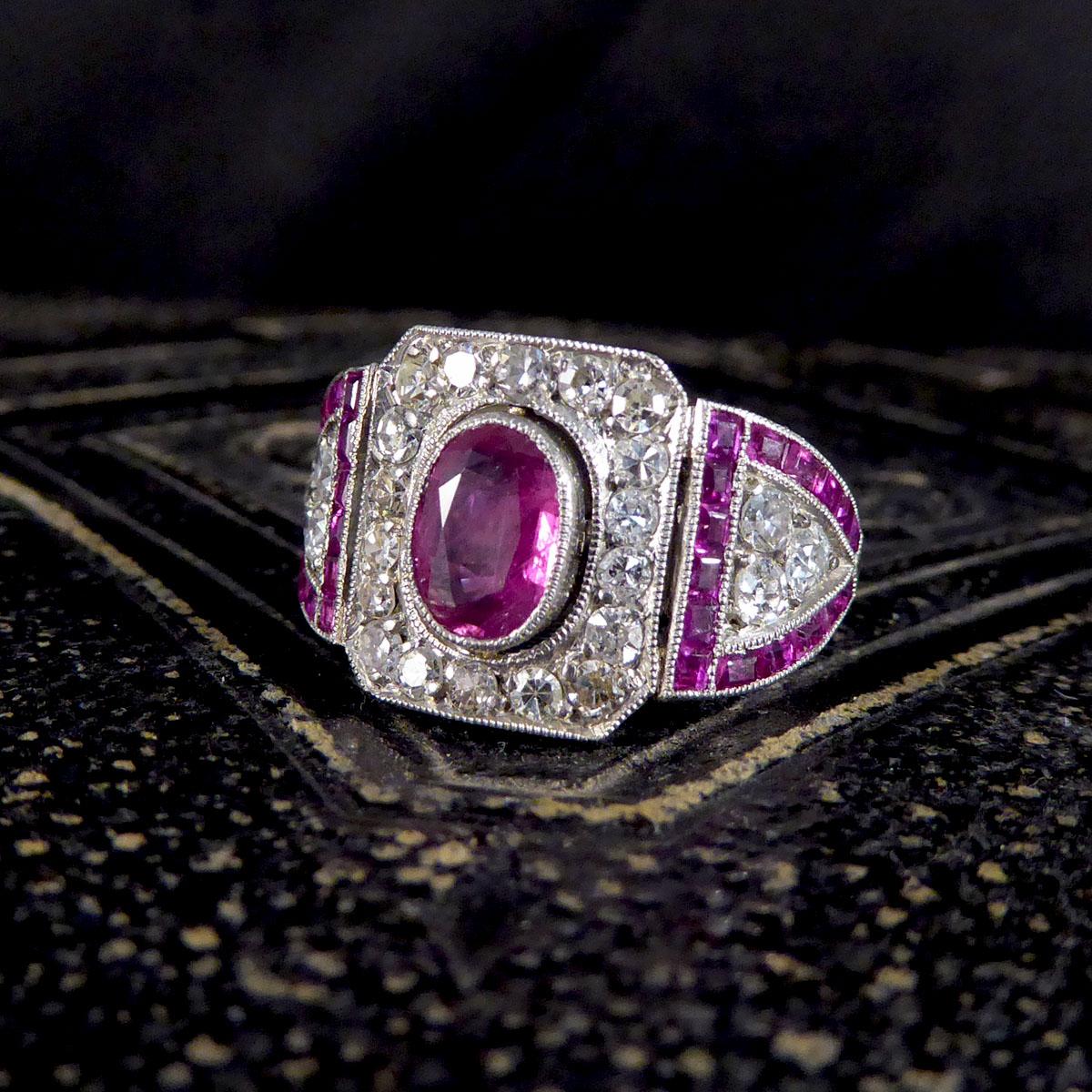 Art Deco Ruby and Diamond Ring in Platinum and Original Box For Sale 4