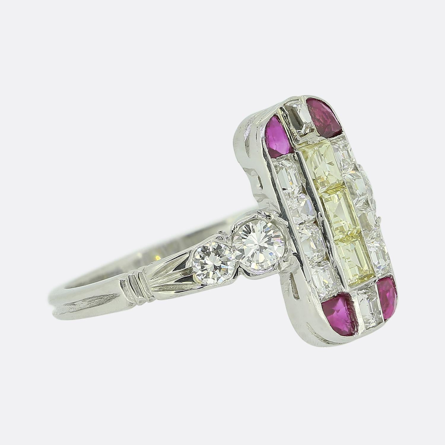 Square Cut Art Deco Ruby and Diamond Tablet Ring For Sale