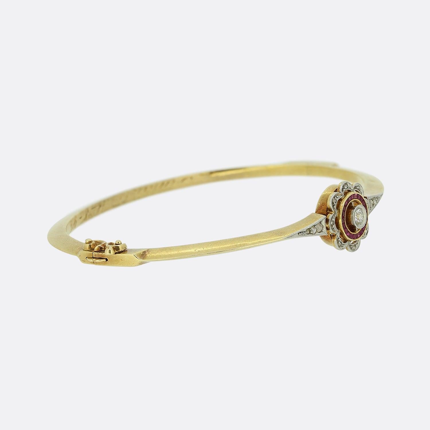 Rose Cut Art Deco Ruby and Diamond Target Bangle For Sale
