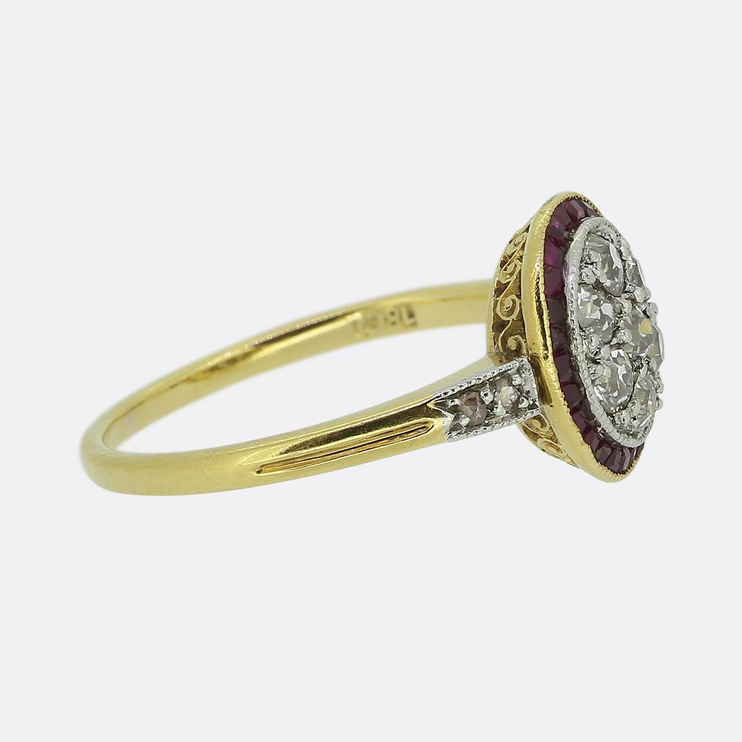 Old European Cut Art Deco Ruby and Diamond Target Ring For Sale