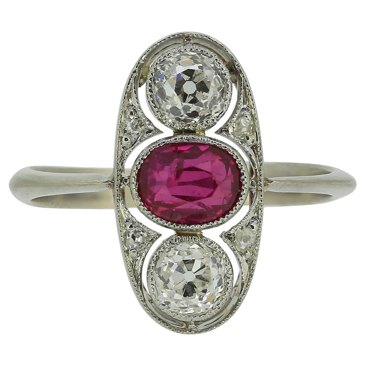 Art Deco Ruby and Diamond Three-Stone Ring For Sale