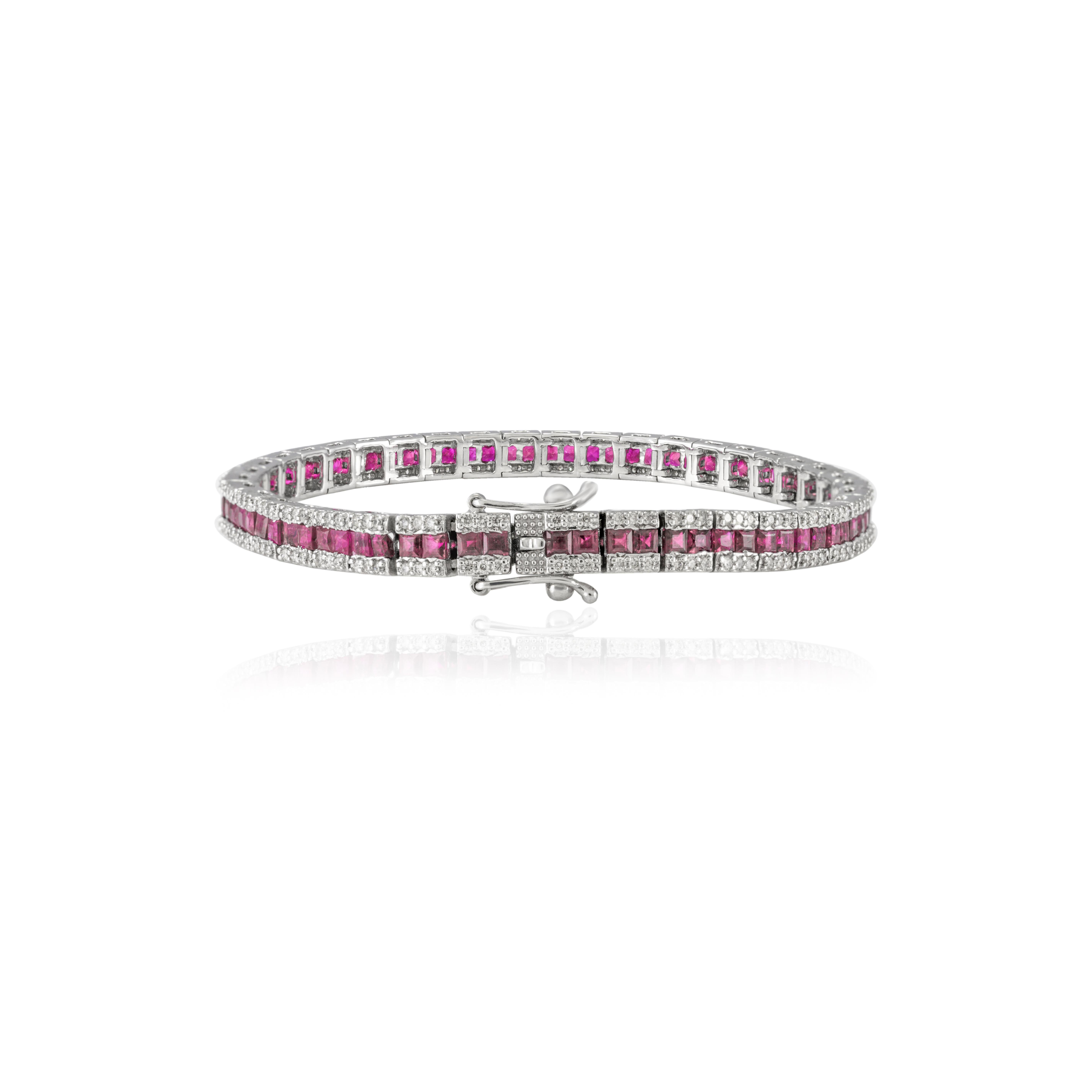 This Art Deco Style Ruby and Diamond Wedding Tennis Bracelet in 18K gold showcases 6.41 carats endlessly sparkling natural ruby and diamonds. It measures 7 inches long in length. 
Ruby improves mental strength. 
Designed with perfect square cut ruby